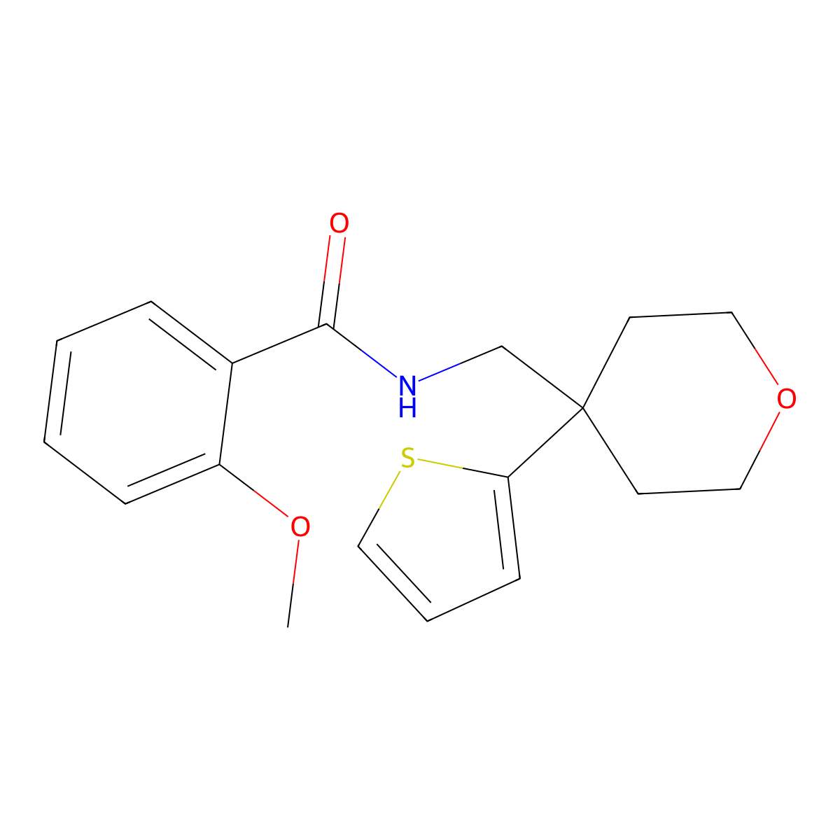 2-methoxy-N-((4-(thiophen-2-yl)tetrahydro-2H-pyran-4-yl)methyl)benzamide molecular structure, CAS 1203061-78-2
