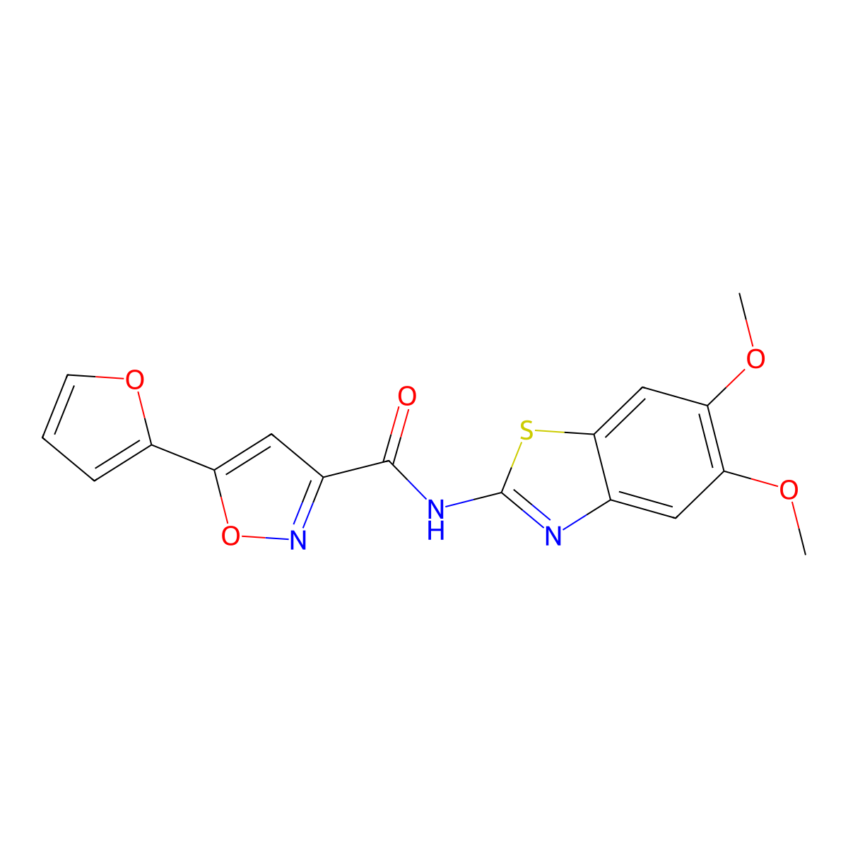 N-(5,6-dimethoxybenzo[d]thiazol-2-yl)-5-(furan-2-yl)isoxazole-3-carboxamide molecular structure, CAS 1203062-40-1