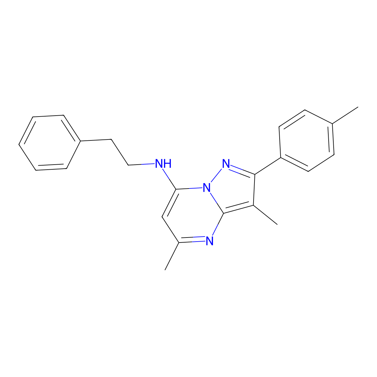 3,5-dimethyl-2-(4-methylphenyl)-N-(2-phenylethyl)pyrazolo[1,5-a]pyrimidin-7-amine molecular structure, CAS 1203063-58-4