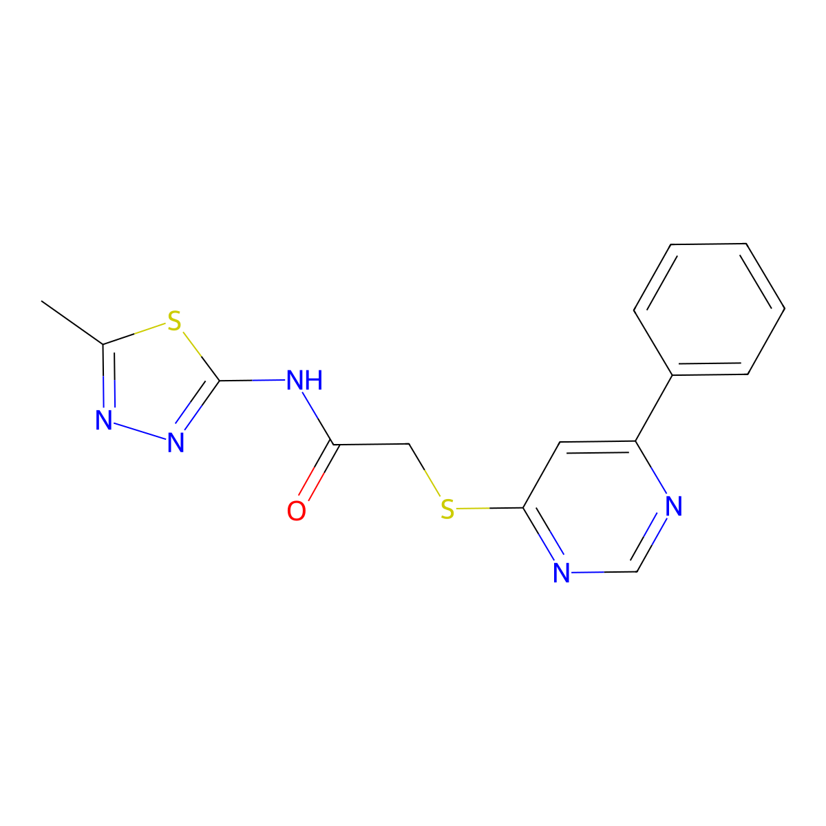N-(5-methyl-1,3,4-thiadiazol-2-yl)-2-((6-phenylpyrimidin-4-yl)thio)acetamide molecular structure, CAS 1203063-68-6