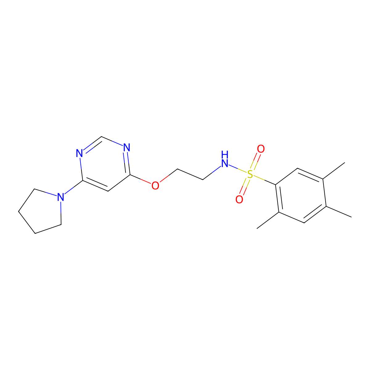 2,4,5-trimethyl-N-(2-((6-(pyrrolidin-1-yl)pyrimidin-4-yl)oxy)ethyl)benzenesulfonamide molecular structure, CAS 1203064-17-8