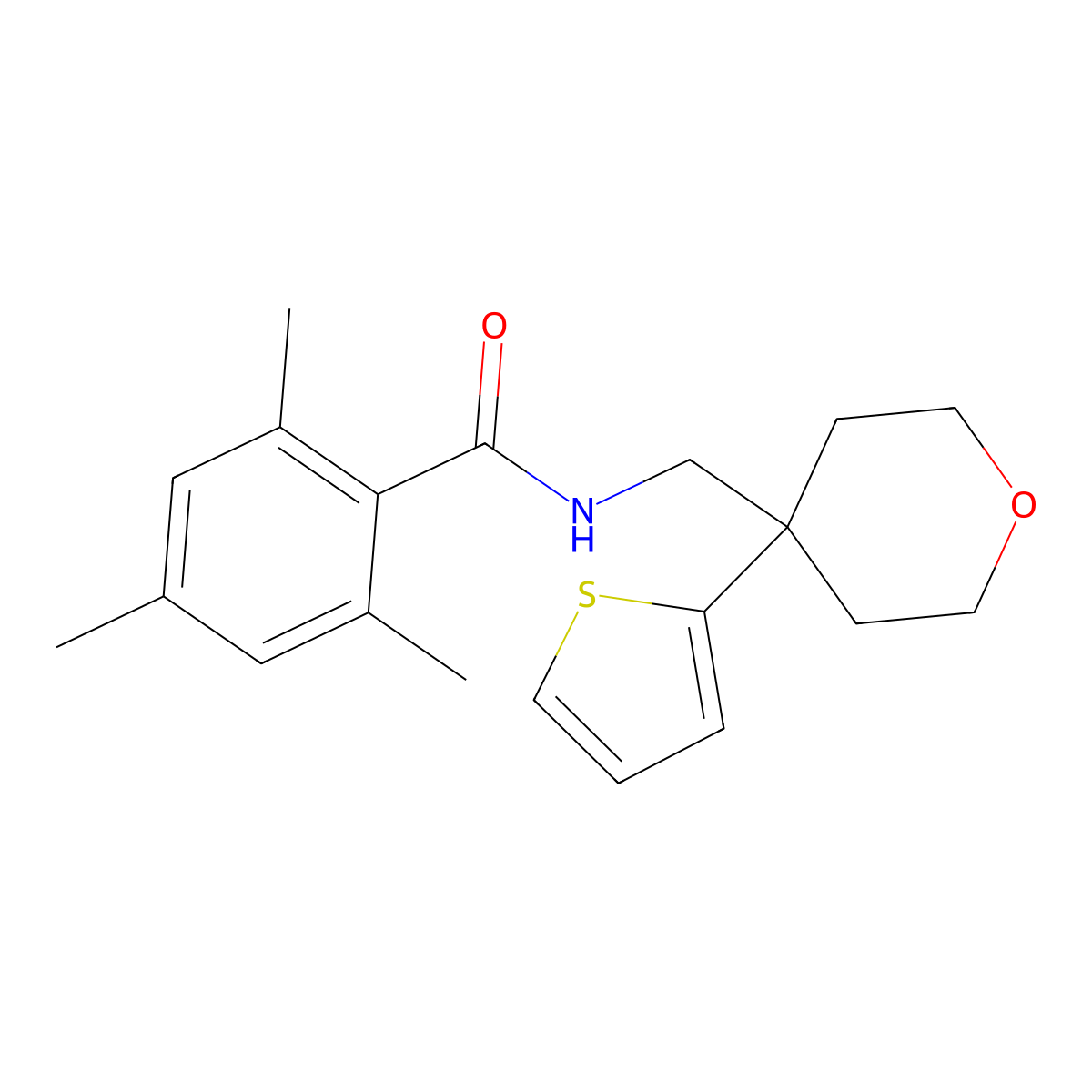 2,4,6-trimethyl-N-((4-(thiophen-2-yl)tetrahydro-2H-pyran-4-yl)methyl)benzamide molecular structure, CAS 1203066-14-1