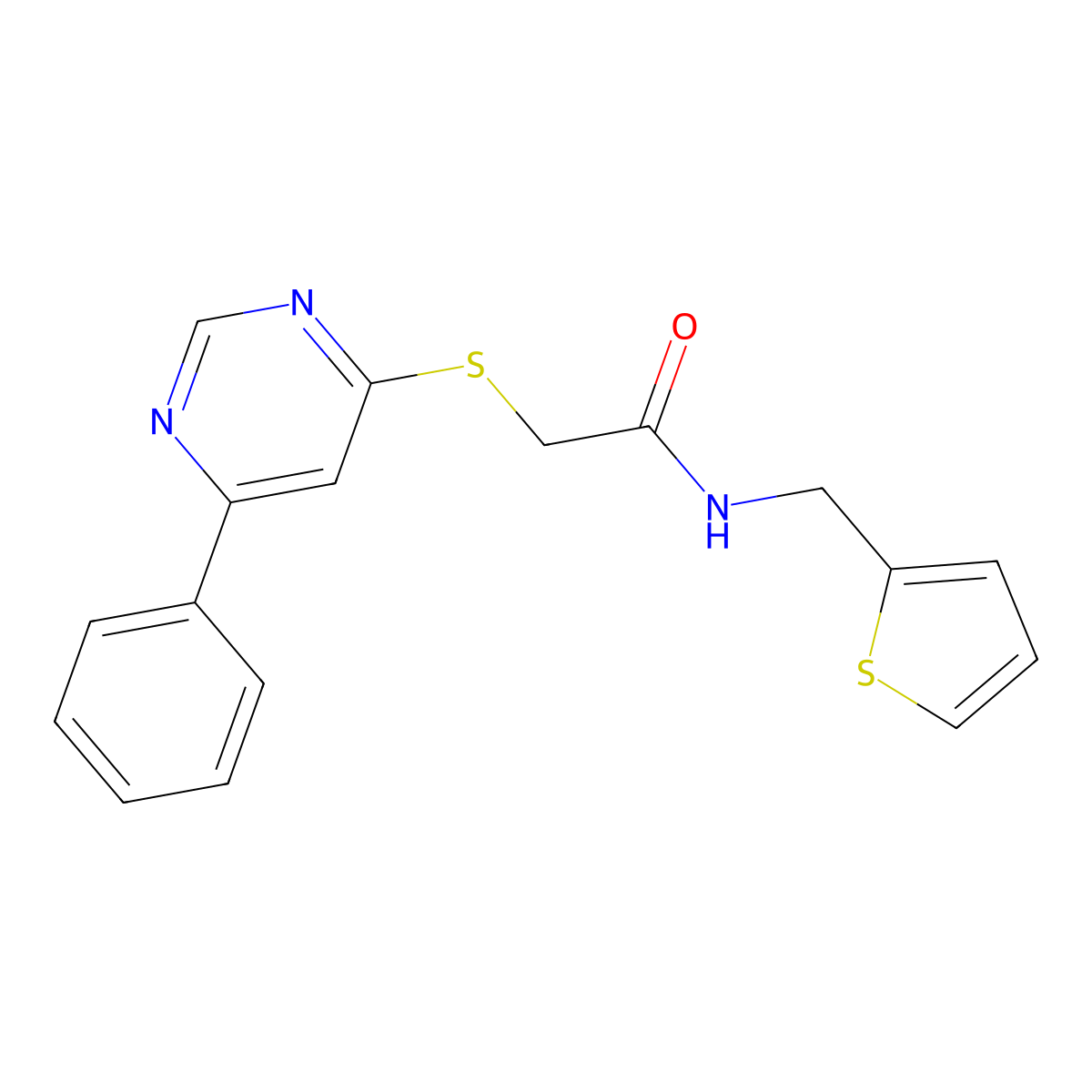 2-((6-phenylpyrimidin-4-yl)thio)-N-(thiophen-2-ylmethyl)acetamide molecular structure, CAS 1203066-18-5