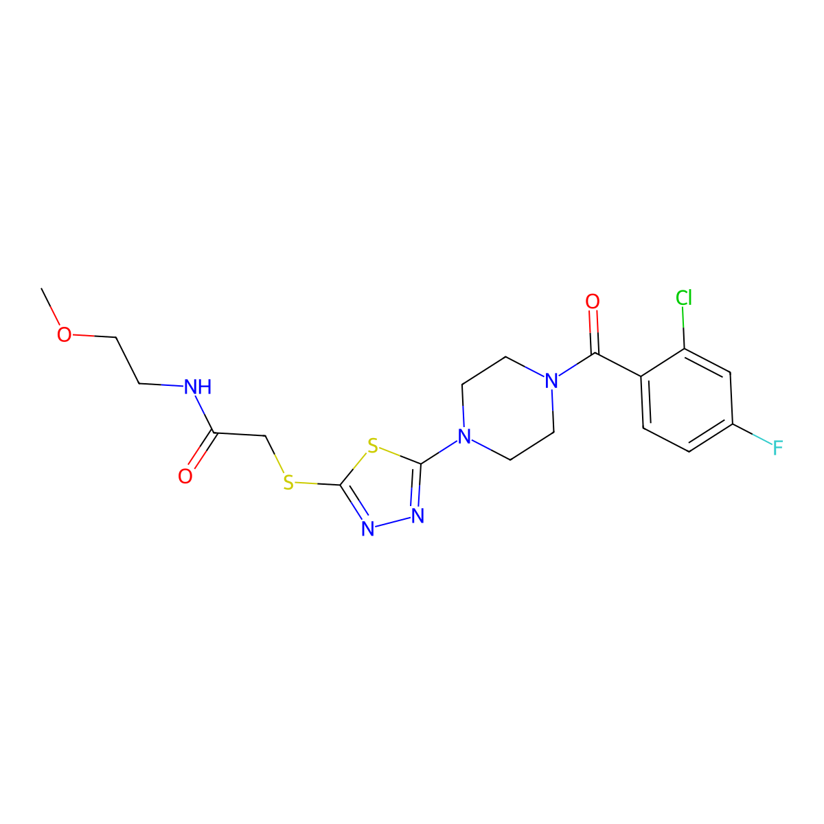 2-((5-(4-(2-chloro-4-fluorobenzoyl)piperazin-1-yl)-1,3,4-thiadiazol-2-yl)thio)-N-(2-methoxyethyl)acetamide molecular structure, CAS 1203067-25-7