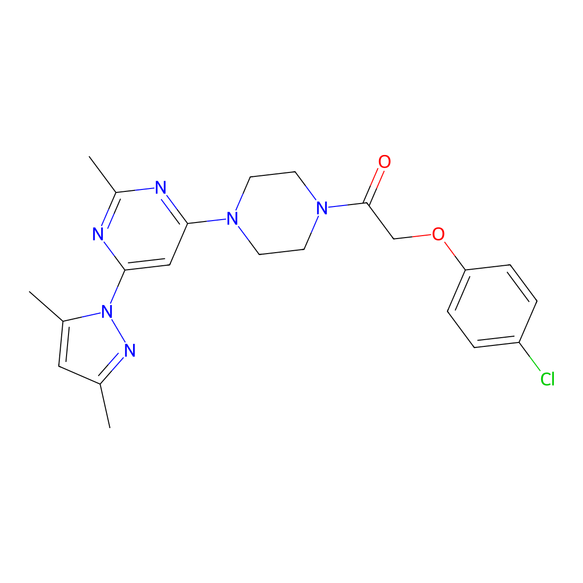 2-(4-chlorophenoxy)-1-(4-(6-(3,5-dimethyl-1H-pyrazol-1-yl)-2-methylpyrimidin-4-yl)piperazin-1-yl)ethanone molecular structure, CAS 1203067-33-7