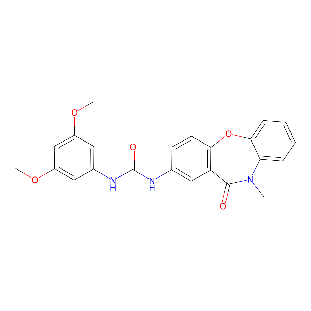 1-(3,5-Dimethoxyphenyl)-3-{9-methyl-10-oxo-2-oxa-9-azatricyclo[9.4.0.0^{3,8}]pentadeca-1(11),3(8),4,6,12,14-hexaen-13-yl}urea molecular structure, CAS 1203067-74-6