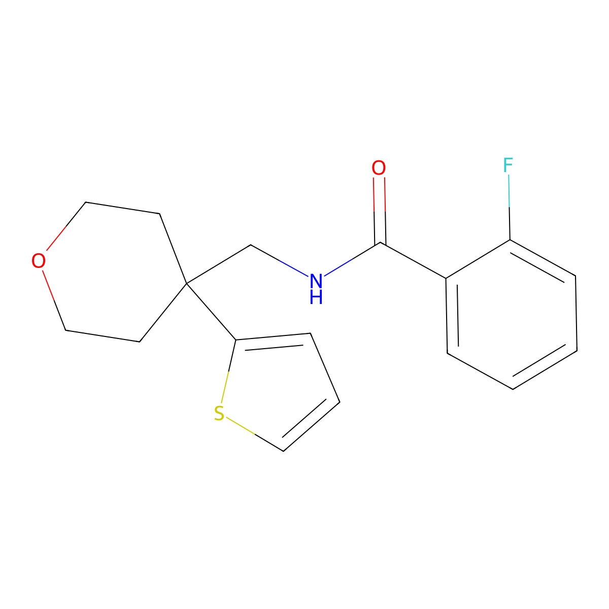 2-fluoro-N-((4-(thiophen-2-yl)tetrahydro-2H-pyran-4-yl)methyl)benzamide molecular structure, CAS 1203069-25-3