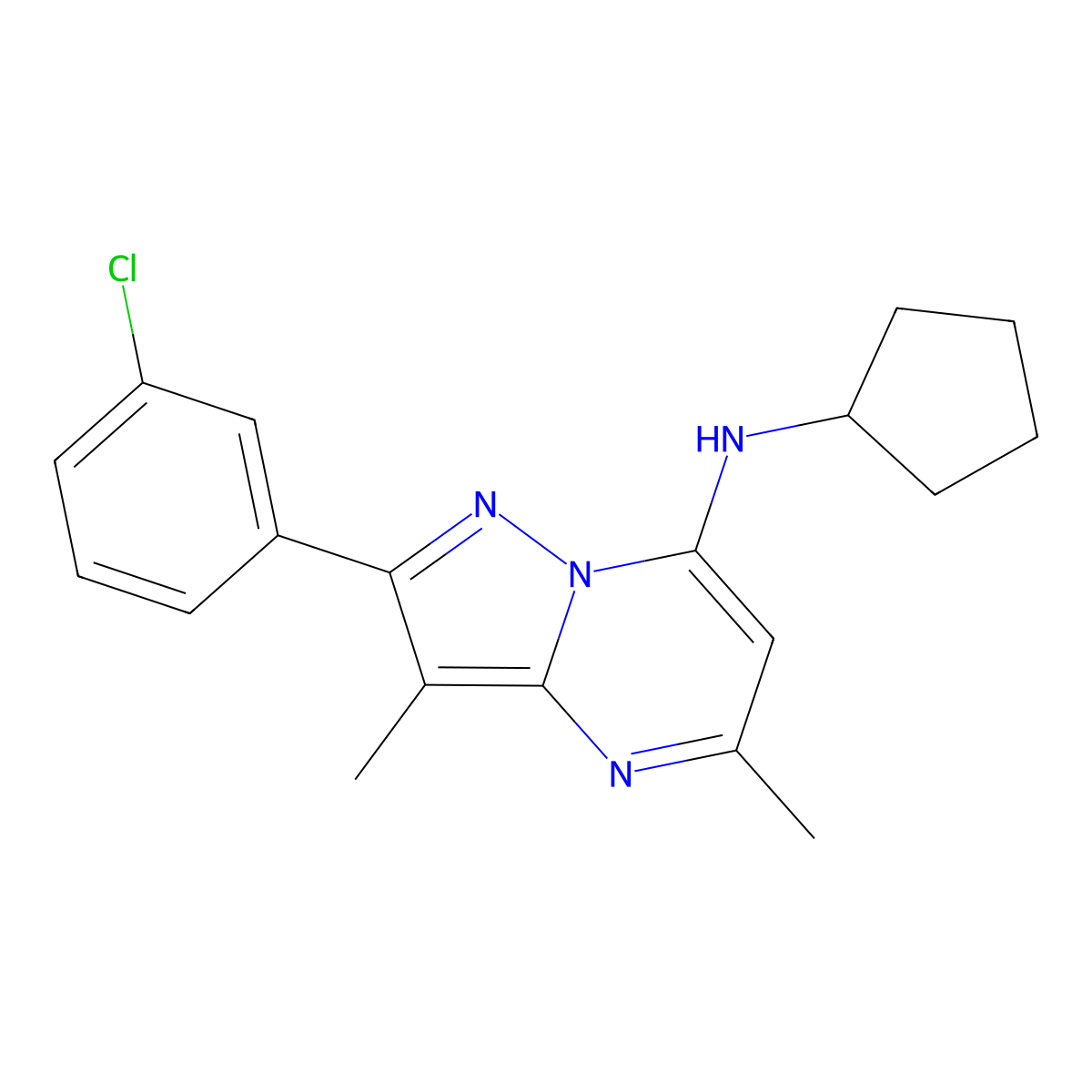 2-(3-chlorophenyl)-N-cyclopentyl-3,5-dimethylpyrazolo[1,5-a]pyrimidin-7-amine molecular structure, CAS 1203070-34-1