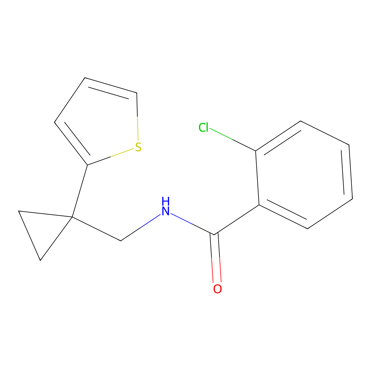 2-chloro-N-((1-(thiophen-2-yl)cyclopropyl)methyl)benzamide molecular structure, CAS 1203071-97-9