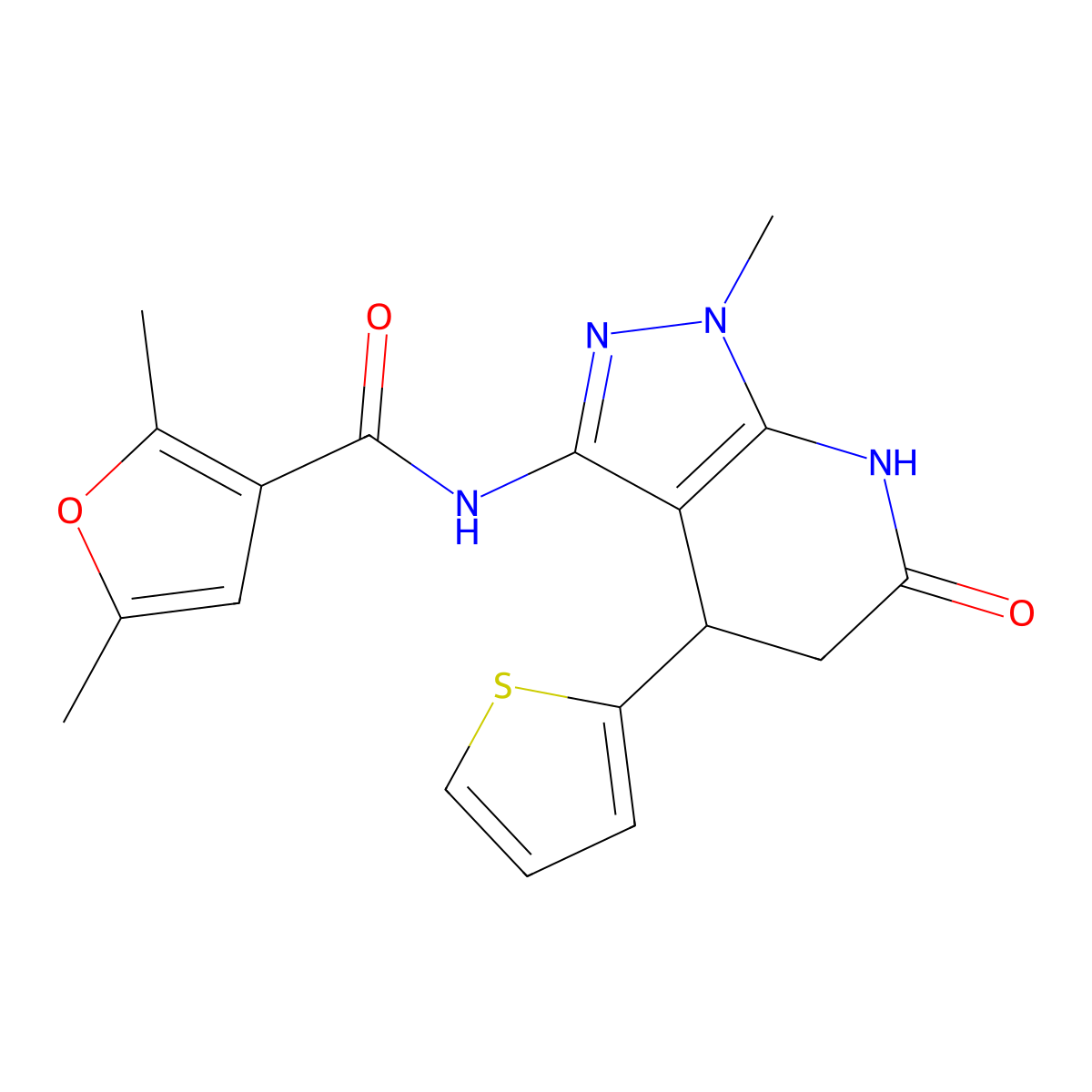 2,5-dimethyl-N-(1-methyl-6-oxo-4-(thiophen-2-yl)-4,5,6,7-tetrahydro-1H-pyrazolo[3,4-b]pyridin-3-yl)furan-3-carboxamide molecular structure, CAS 1203076-21-4