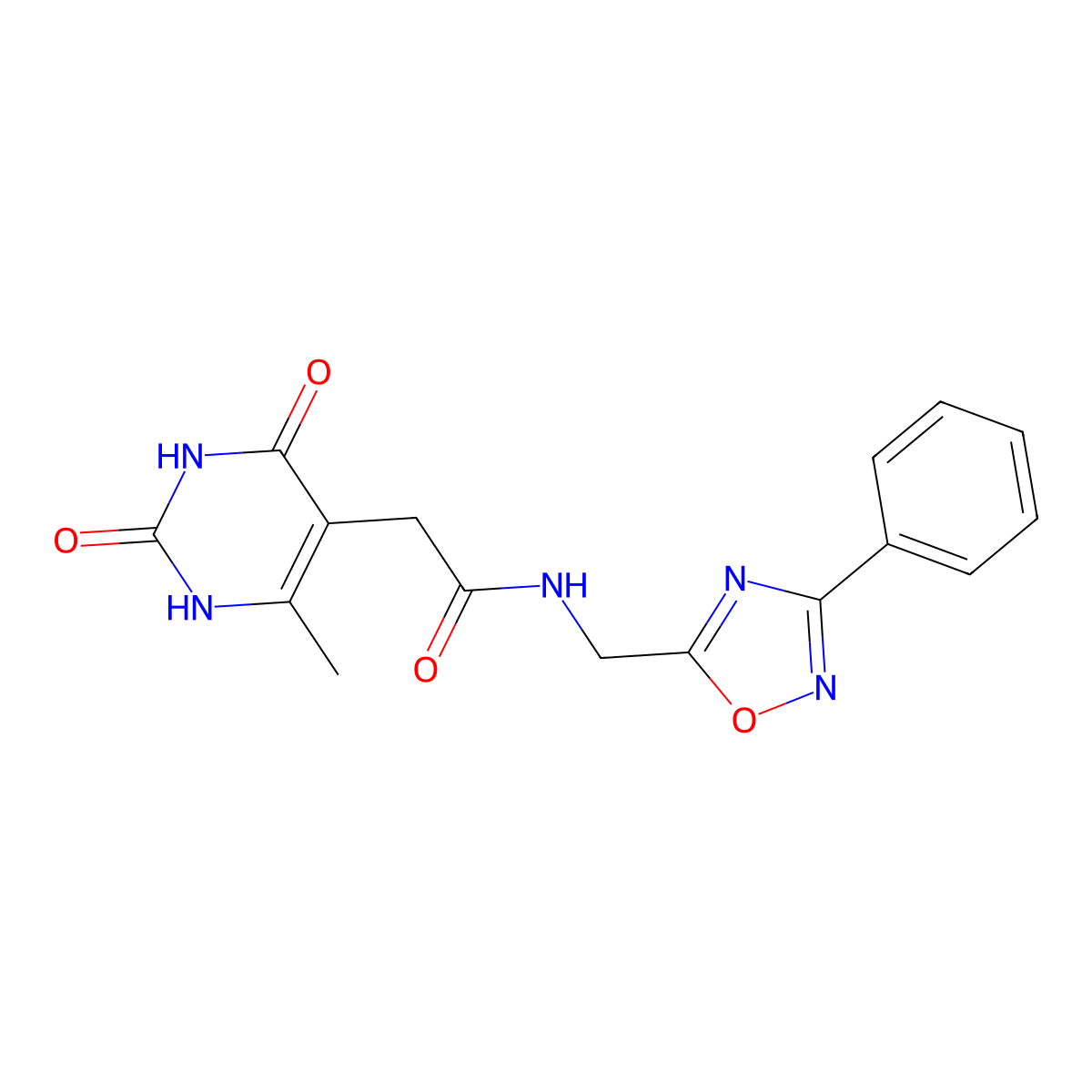 2-(6-methyl-2,4-dioxo-1,2,3,4-tetrahydropyrimidin-5-yl)-N-((3-phenyl-1,2,4-oxadiazol-5-yl)methyl)acetamide molecular structure, CAS 1203080-39-0