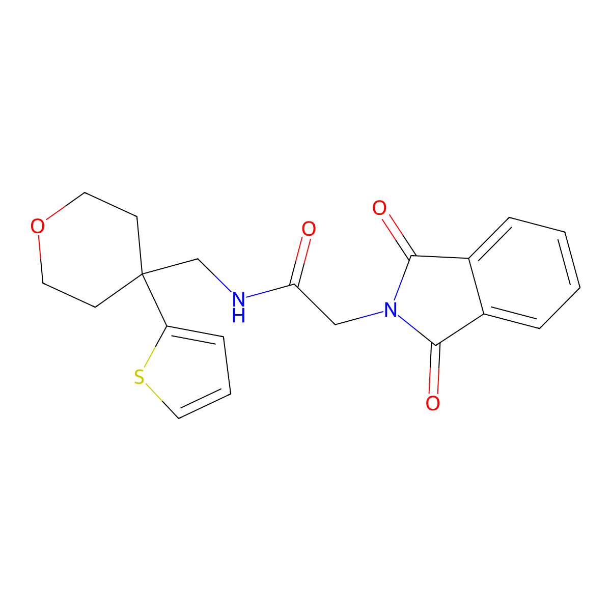 2-(1,3-dioxoisoindolin-2-yl)-N-((4-(thiophen-2-yl)tetrahydro-2H-pyran-4-yl)methyl)acetamide molecular structure, CAS 1203080-65-2