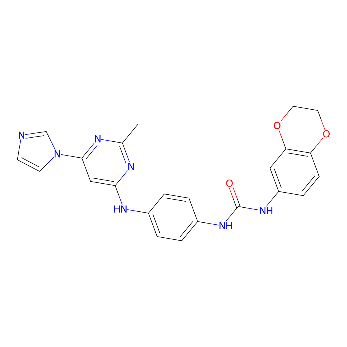 1-(4-((6-(1H-imidazol-1-yl)-2-methylpyrimidin-4-yl)amino)phenyl)-3-(2,3-dihydrobenzo[b][1,4]dioxin-6-yl)urea molecular structure, CAS 1203081-12-2