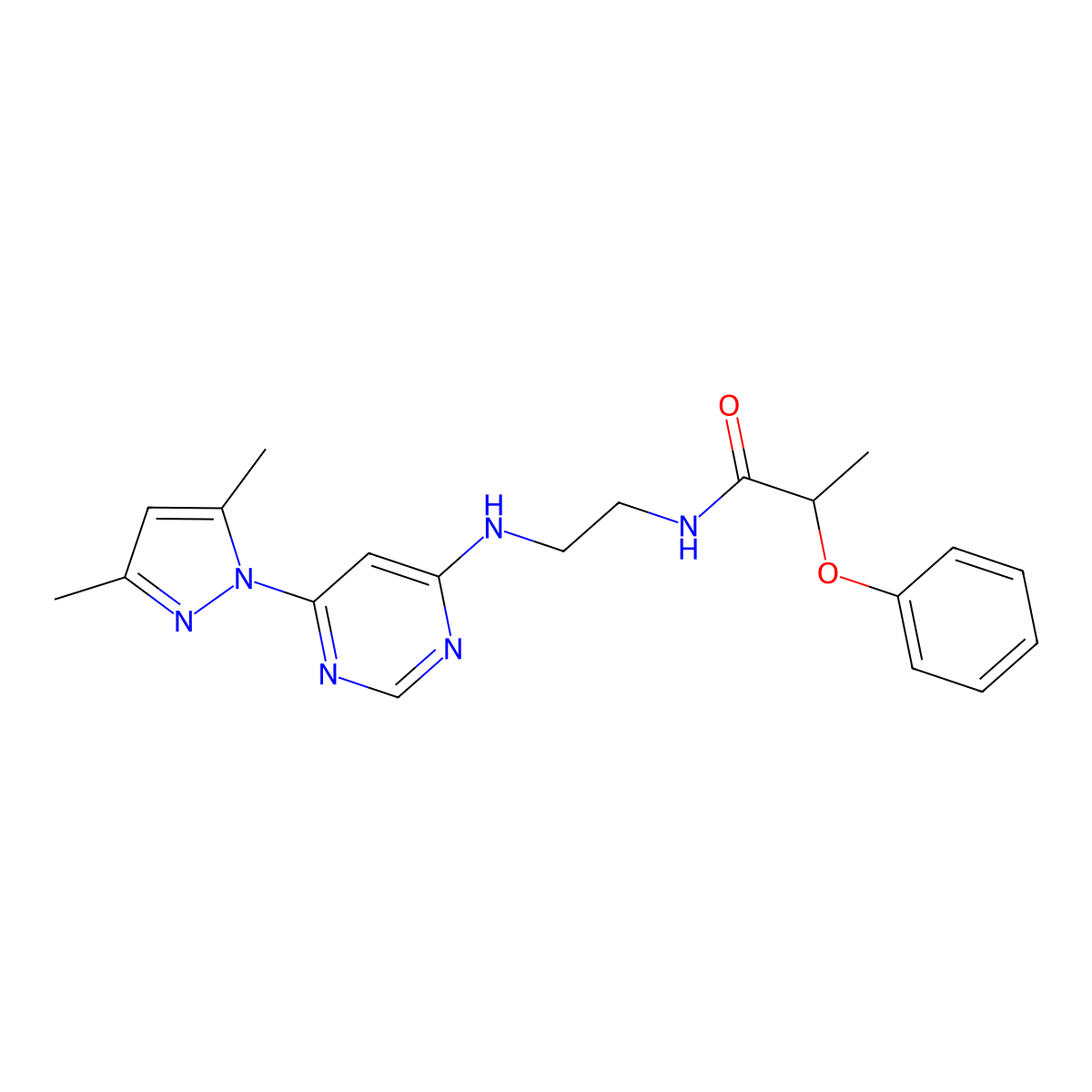 N-(2-((6-(3,5-dimethyl-1H-pyrazol-1-yl)pyrimidin-4-yl)amino)ethyl)-2-phenoxypropanamide molecular structure, CAS 1203081-14-4
