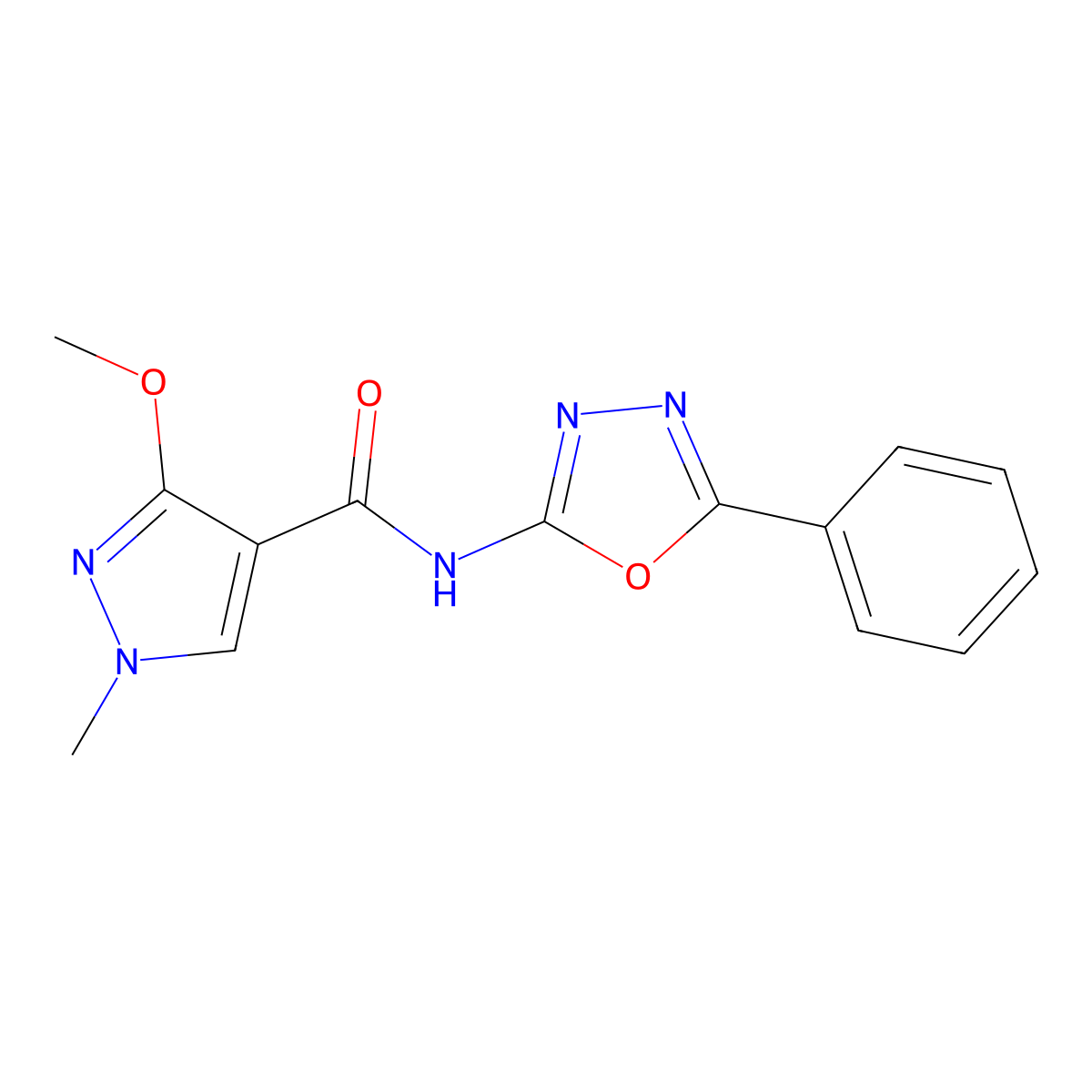 3-methoxy-1-methyl-N-(5-phenyl-1,3,4-oxadiazol-2-yl)-1H-pyrazole-4-carboxamide molecular structure, CAS 1203082-11-4