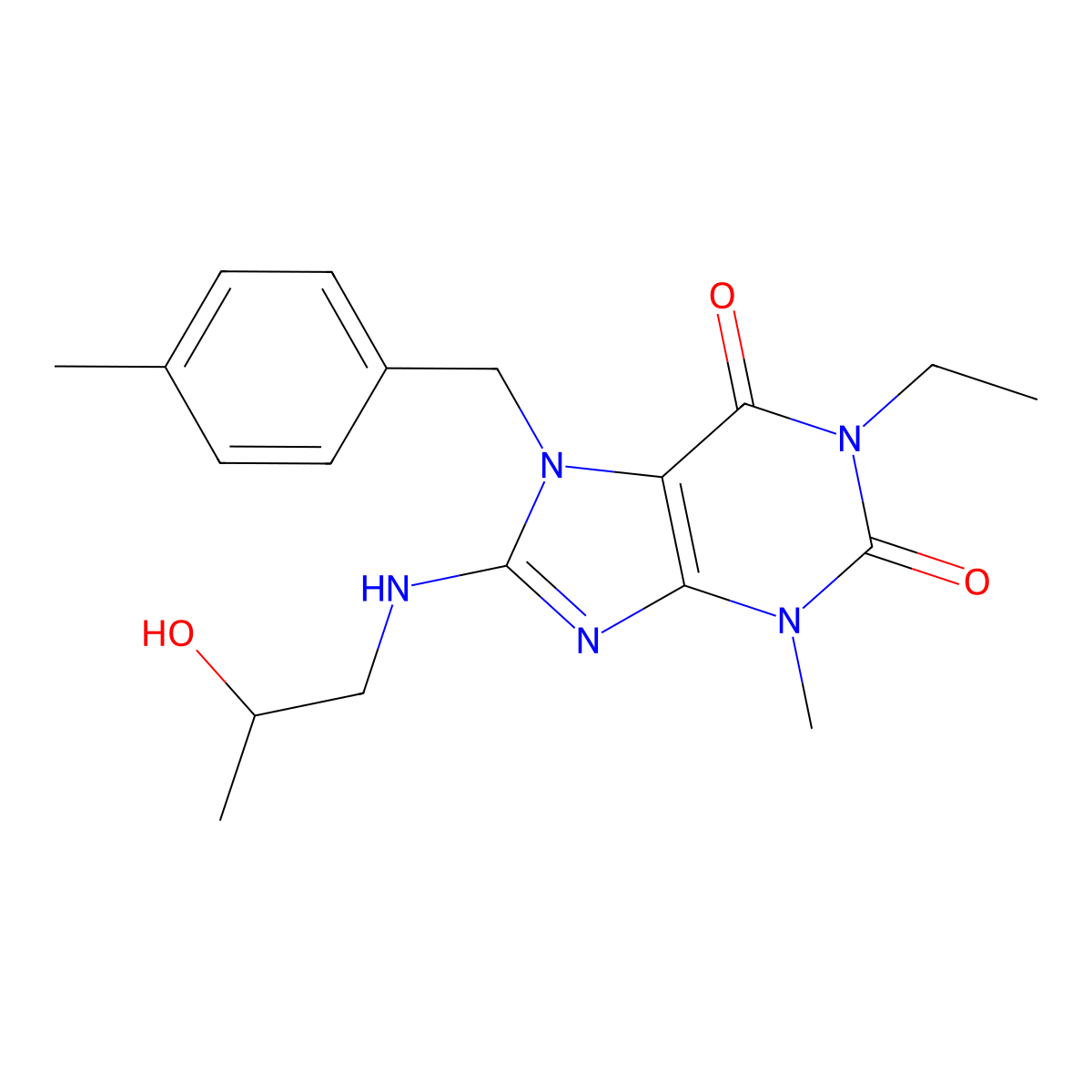 1-ethyl-8-[(2-hydroxypropyl)amino]-3-methyl-7-[(4-methylphenyl)methyl]-2,3,6,7-tetrahydro-1H-purine-2,6-dione molecular structure, CAS 1203083-43-5