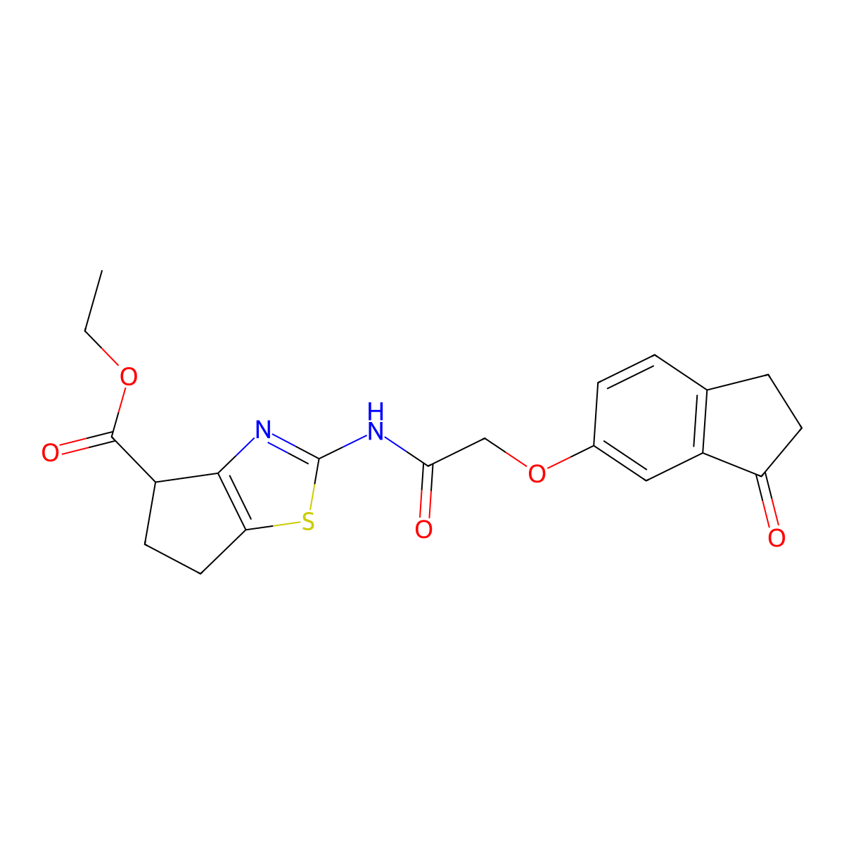 ethyl 2-(2-((3-oxo-2,3-dihydro-1H-inden-5-yl)oxy)acetamido)-5,6-dihydro-4H-cyclopenta[d]thiazole-4-carboxylate molecular structure, CAS 1203084-90-5