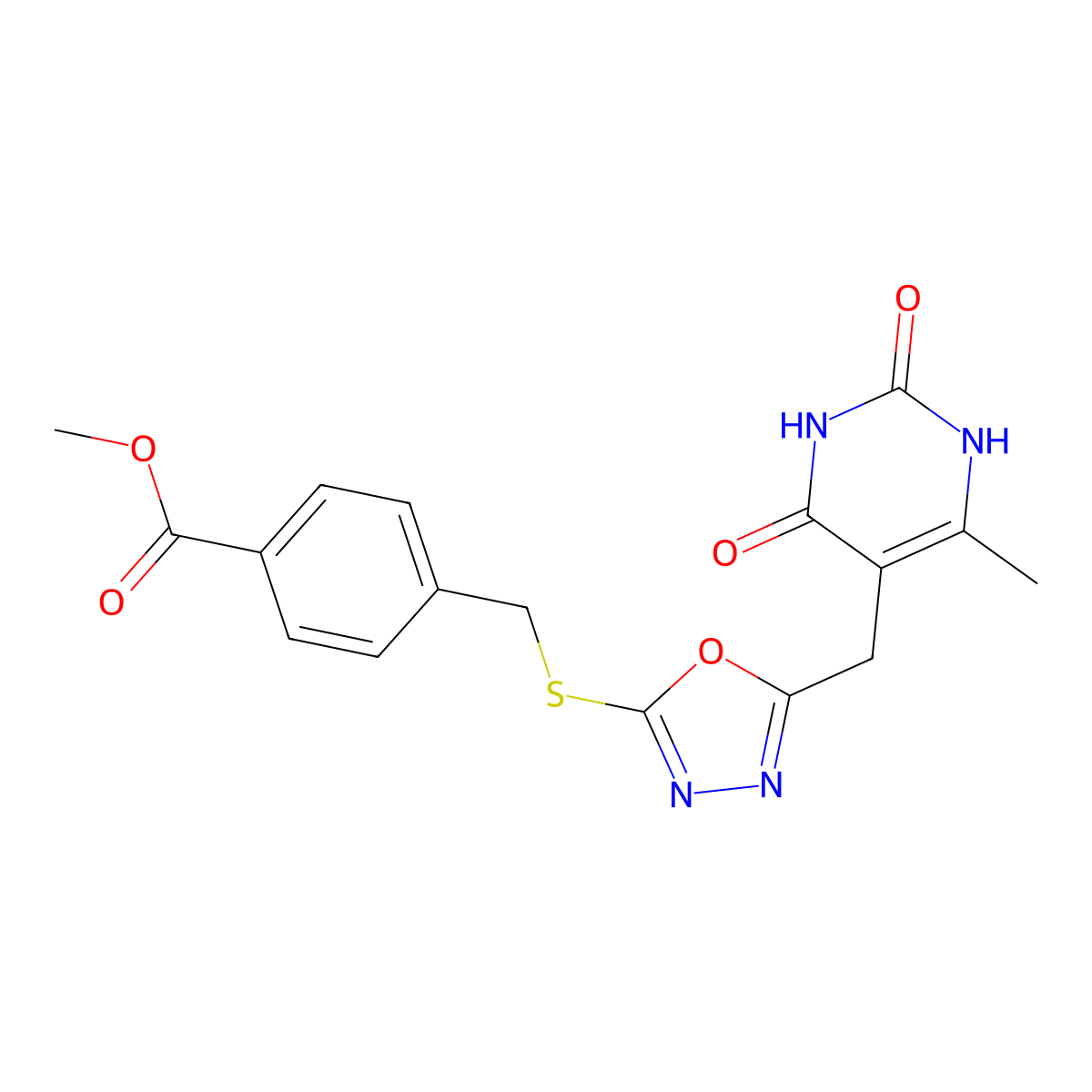 Methyl 4-(((5-((6-methyl-2,4-dioxo-1,2,3,4-tetrahydropyrimidin-5-yl)methyl)-1,3,4-oxadiazol-2-yl)thio)methyl)benzoate molecular structure, CAS 1203085-36-2