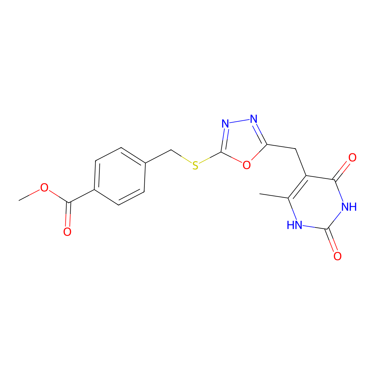 Methyl 4-(((5-((6-methyl-2,4-dioxo-1,2,3,4-tetrahydropyrimidin-5-yl)methyl)-1,3,4-oxadiazol-2-yl)thio)methyl)benzoate molecular structure, CAS 1203085-36-2