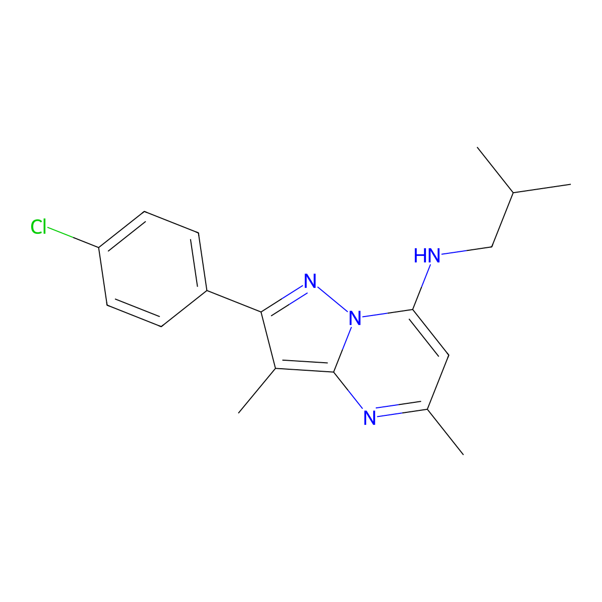 2-(4-chlorophenyl)-3,5-dimethyl-N-(2-methylpropyl)pyrazolo[1,5-a]pyrimidin-7-amine molecular structure, CAS 1203086-17-2