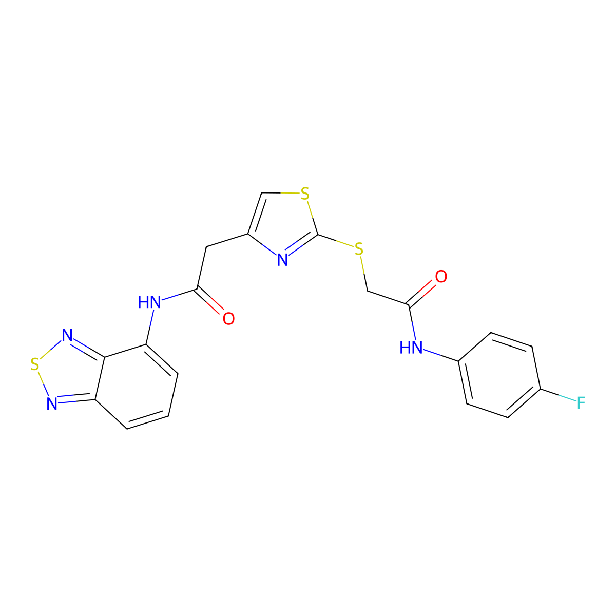 N-(benzo[c][1,2,5]thiadiazol-4-yl)-2-(2-((2-((4-fluorophenyl)amino)-2-oxoethyl)thio)thiazol-4-yl)acetamide molecular structure, CAS 1203086-23-0