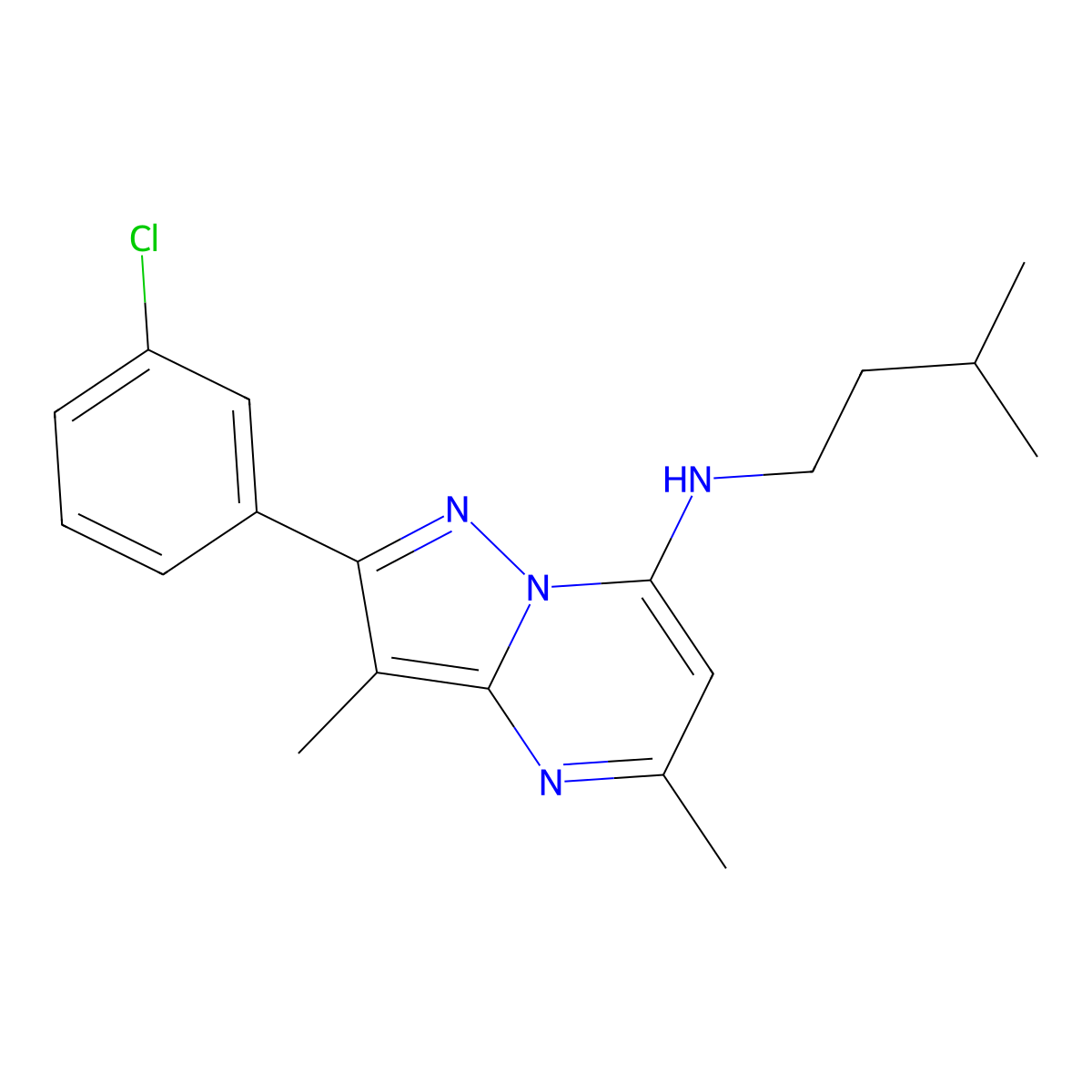 2-(3-chlorophenyl)-3,5-dimethyl-N-(3-methylbutyl)pyrazolo[1,5-a]pyrimidin-7-amine molecular structure, CAS 1203090-39-4