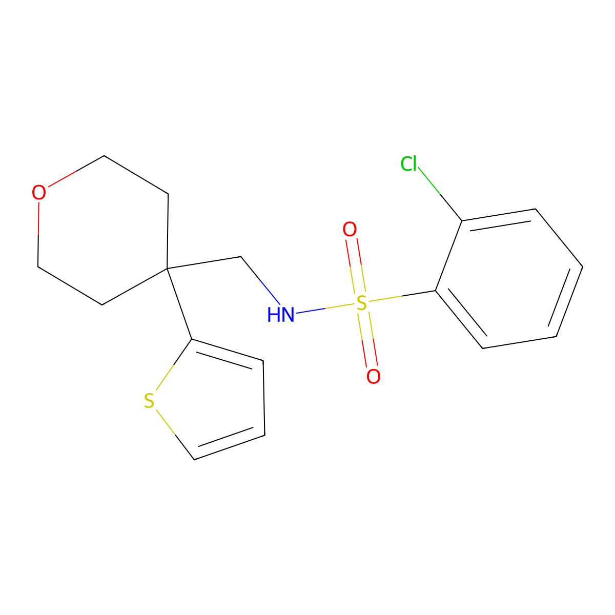 2-chloro-N-((4-(thiophen-2-yl)tetrahydro-2H-pyran-4-yl)methyl)benzenesulfonamide molecular structure, CAS 1203091-00-2