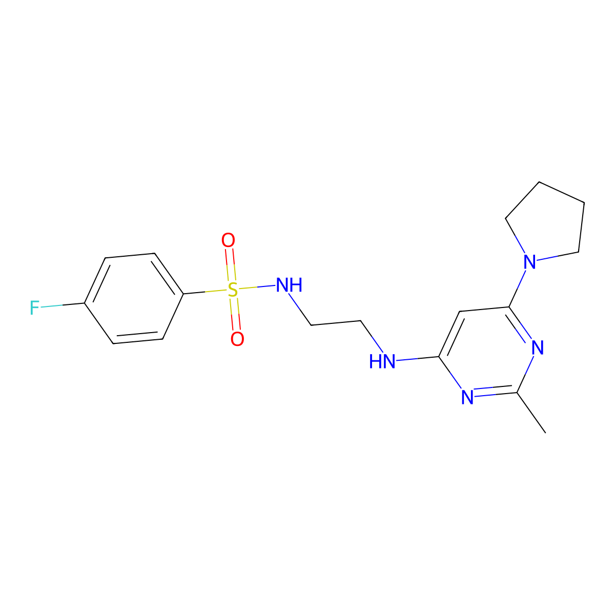 4-fluoro-N-(2-((2-methyl-6-(pyrrolidin-1-yl)pyrimidin-4-yl)amino)ethyl)benzenesulfonamide molecular structure, CAS 1203092-47-0