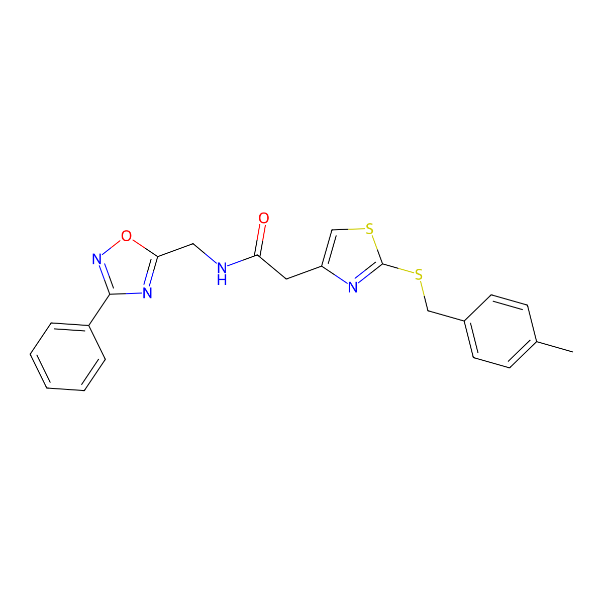 2-(2-((4-methylbenzyl)thio)thiazol-4-yl)-N-((3-phenyl-1,2,4-oxadiazol-5-yl)methyl)acetamide molecular structure, CAS 1203094-65-8
