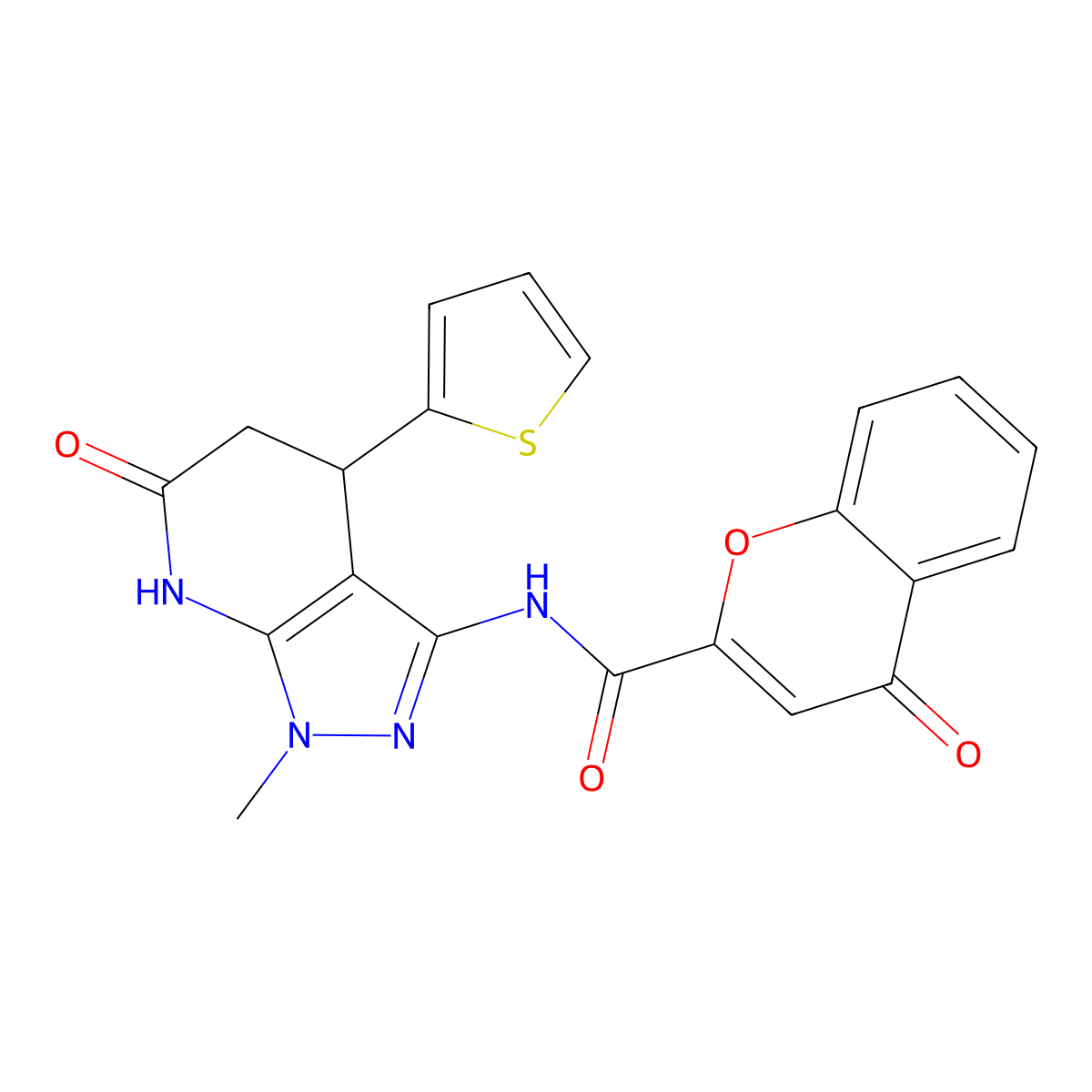 N-(1-methyl-6-oxo-4-(thiophen-2-yl)-4,5,6,7-tetrahydro-1H-pyrazolo[3,4-b]pyridin-3-yl)-4-oxo-4H-chromene-2-carboxamide molecular structure, CAS 1203097-03-3
