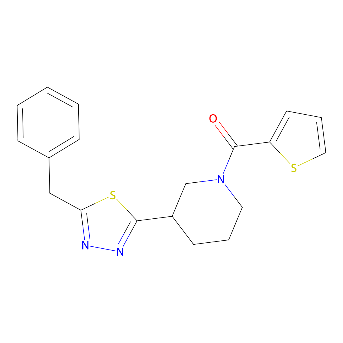 (3-(5-Benzyl-1,3,4-thiadiazol-2-yl)piperidin-1-yl)(thiophen-2-yl)methanone molecular structure, CAS 1203097-81-7