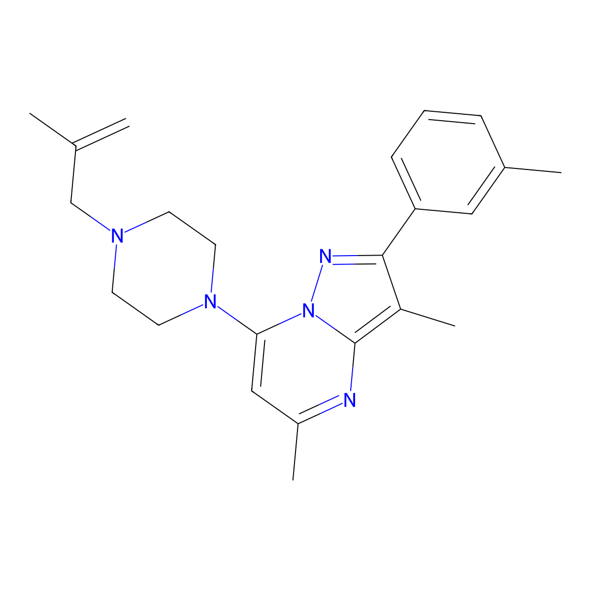 3,5-Dimethyl-2-(3-methylphenyl)-7-[4-(2-methylprop-2-en-1-yl)piperazin-1-yl]pyrazolo[1,5-a]pyrimidine molecular structure, CAS 1203097-83-9