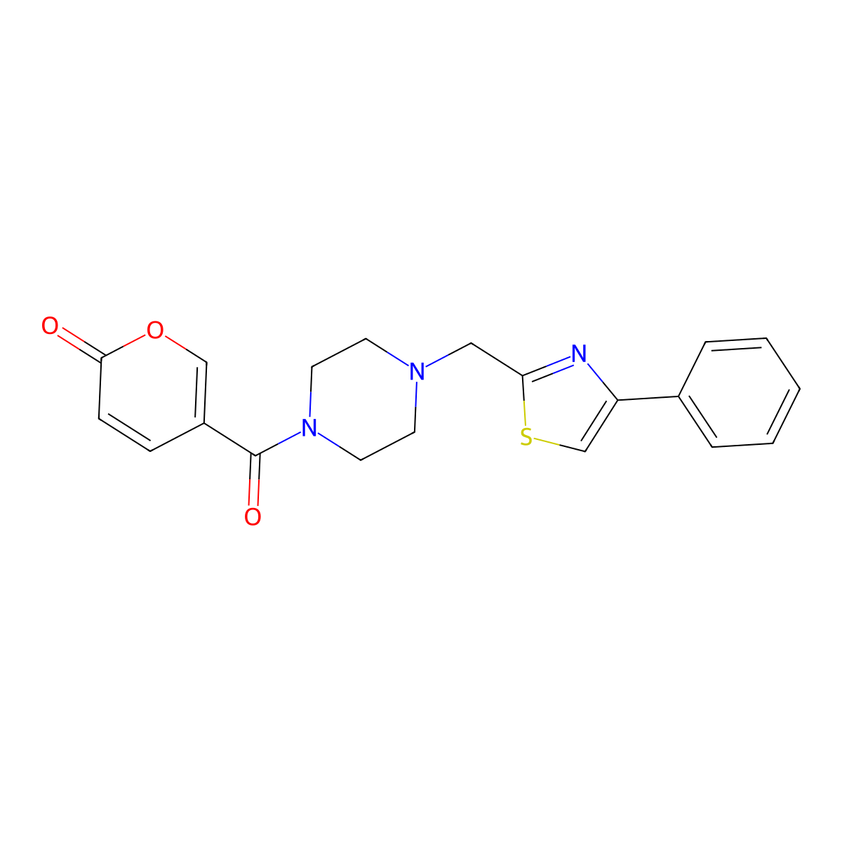 5-(4-((4-phenylthiazol-2-yl)methyl)piperazine-1-carbonyl)-2H-pyran-2-one molecular structure, CAS 1203100-18-8