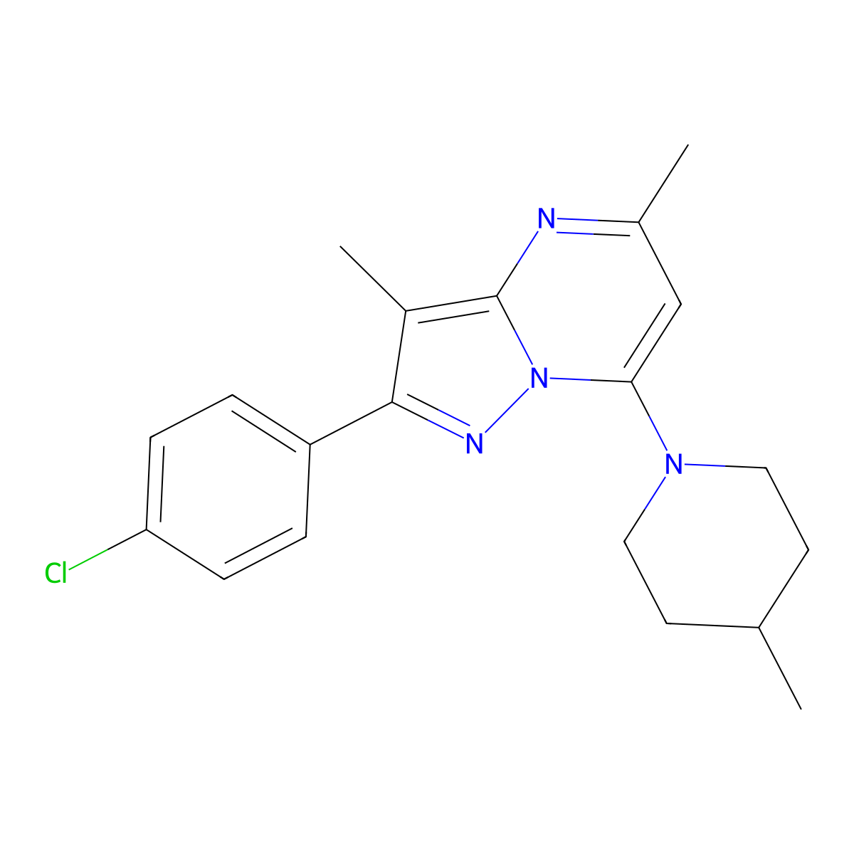 2-(4-Chlorophenyl)-3,5-dimethyl-7-(4-methylpiperidin-1-yl)pyrazolo[1,5-a]pyrimidine molecular structure, CAS 1203102-51-5