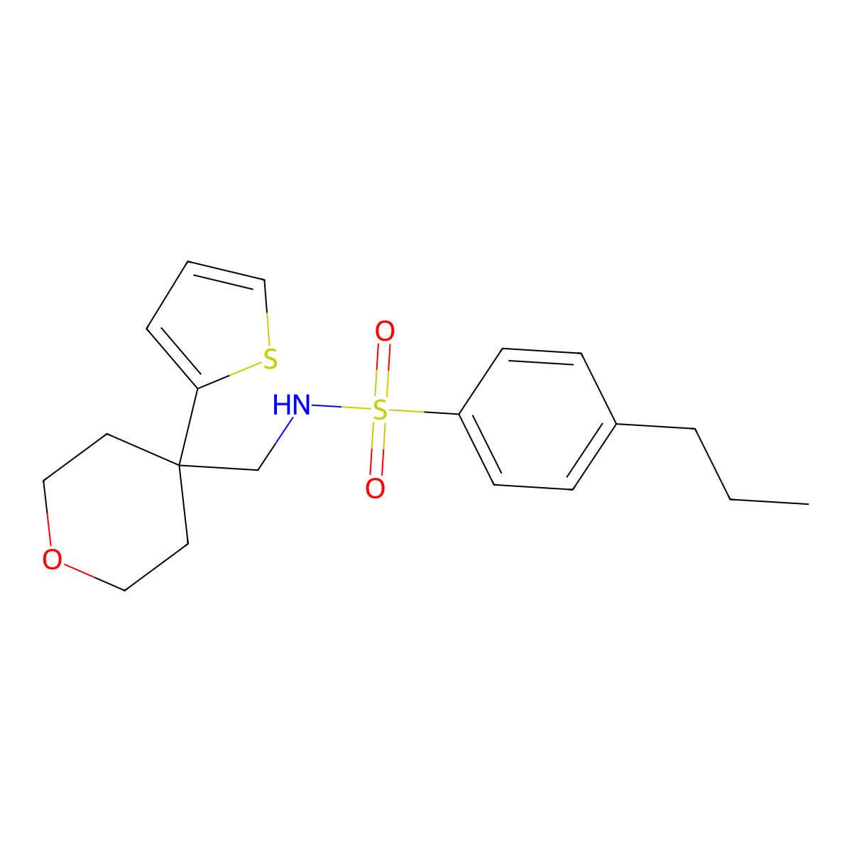 4-propyl-N-((4-(thiophen-2-yl)tetrahydro-2H-pyran-4-yl)methyl)benzenesulfonamide molecular structure, CAS 1203102-55-9
