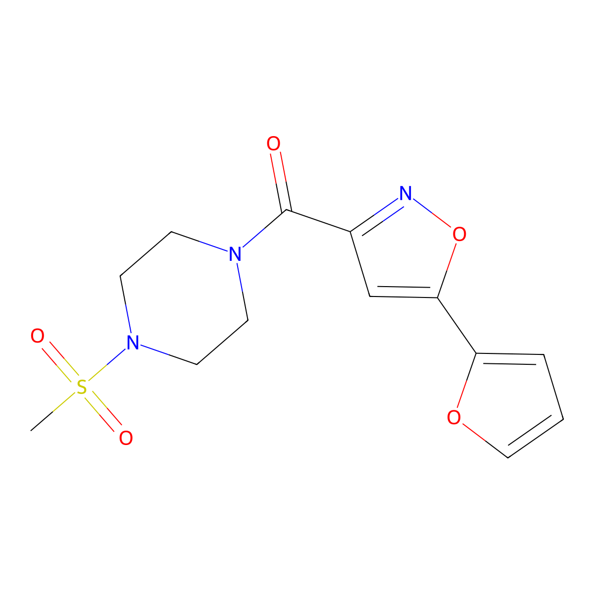 (5-(Furan-2-yl)isoxazol-3-yl)(4-(methylsulfonyl)piperazin-1-yl)methanone molecular structure, CAS 1203103-07-4