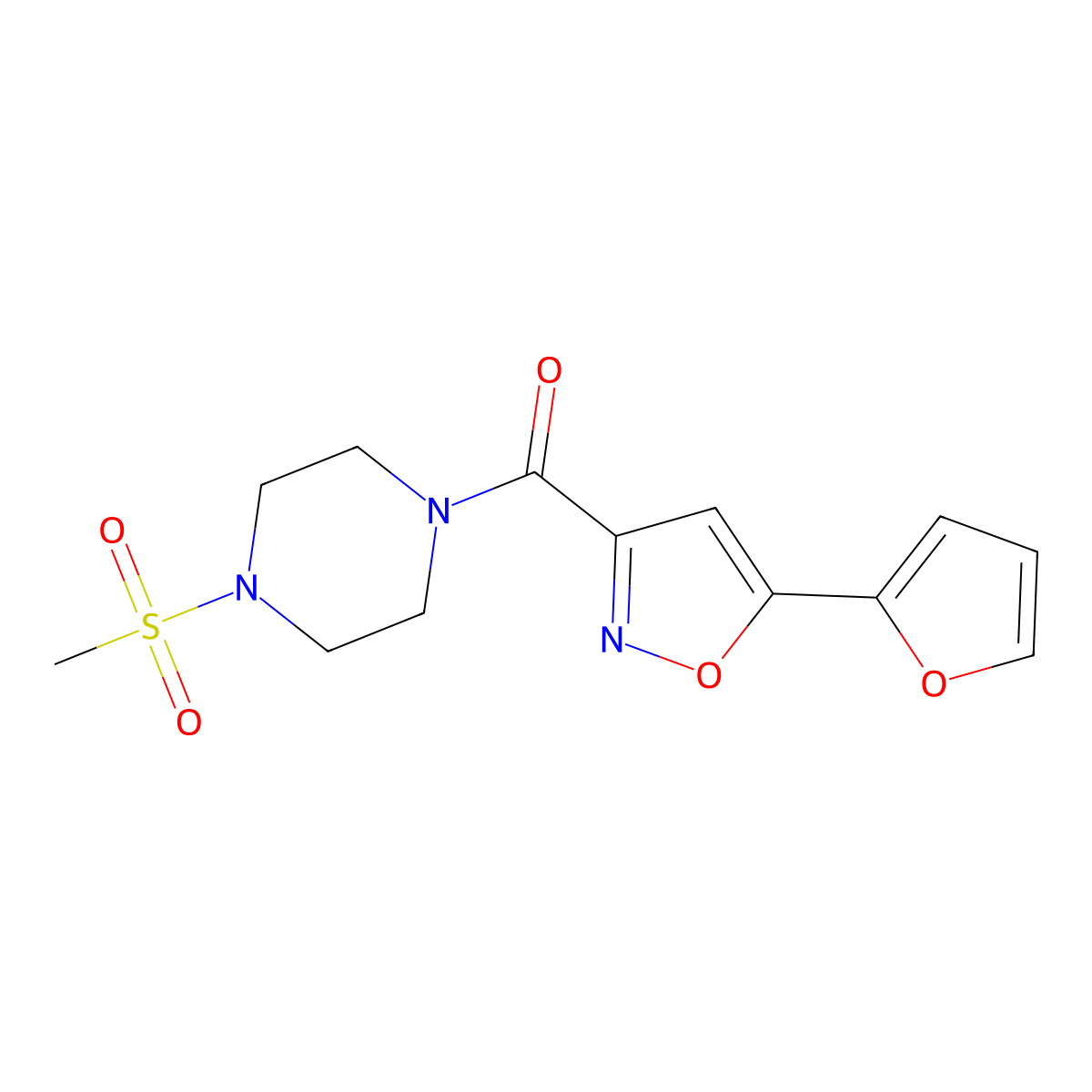 (5-(Furan-2-yl)isoxazol-3-yl)(4-(methylsulfonyl)piperazin-1-yl)methanone molecular structure, CAS 1203103-07-4