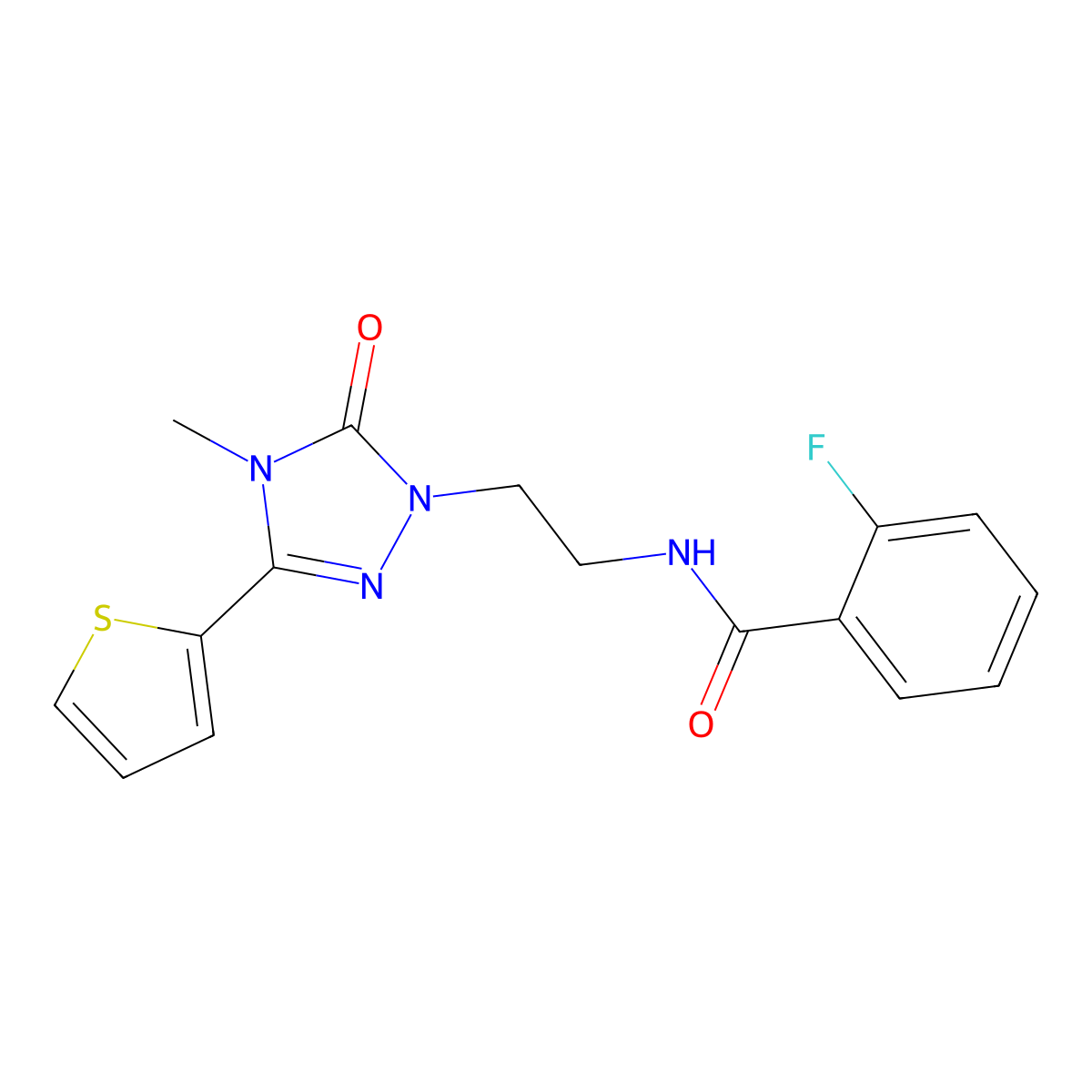 2-fluoro-N-(2-(4-methyl-5-oxo-3-(thiophen-2-yl)-4,5-dihydro-1H-1,2,4-triazol-1-yl)ethyl)benzamide molecular structure, CAS 1203103-98-3