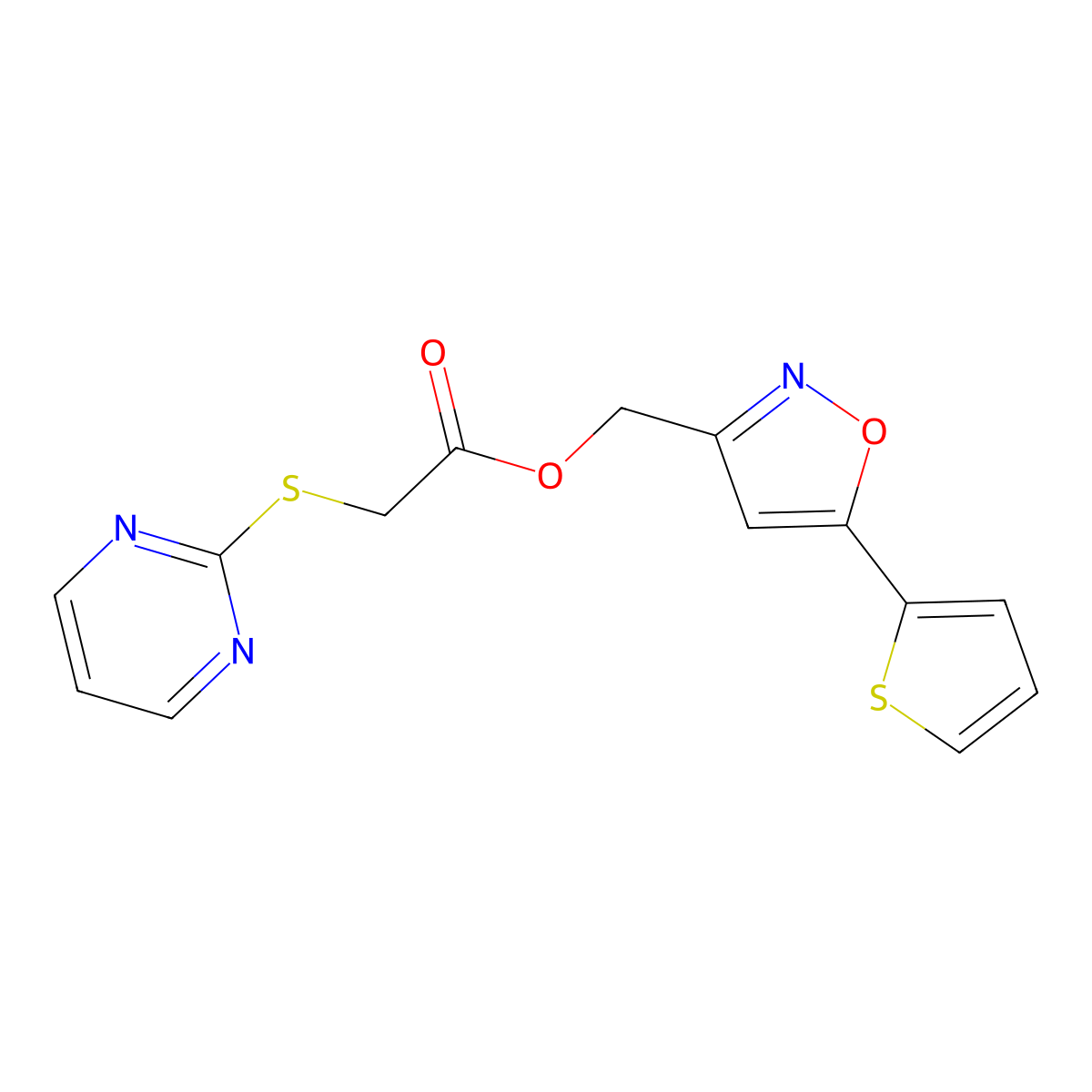 (5-(Thiophen-2-yl)isoxazol-3-yl)methyl 2-(pyrimidin-2-ylthio)acetate molecular structure, CAS 1203105-04-7