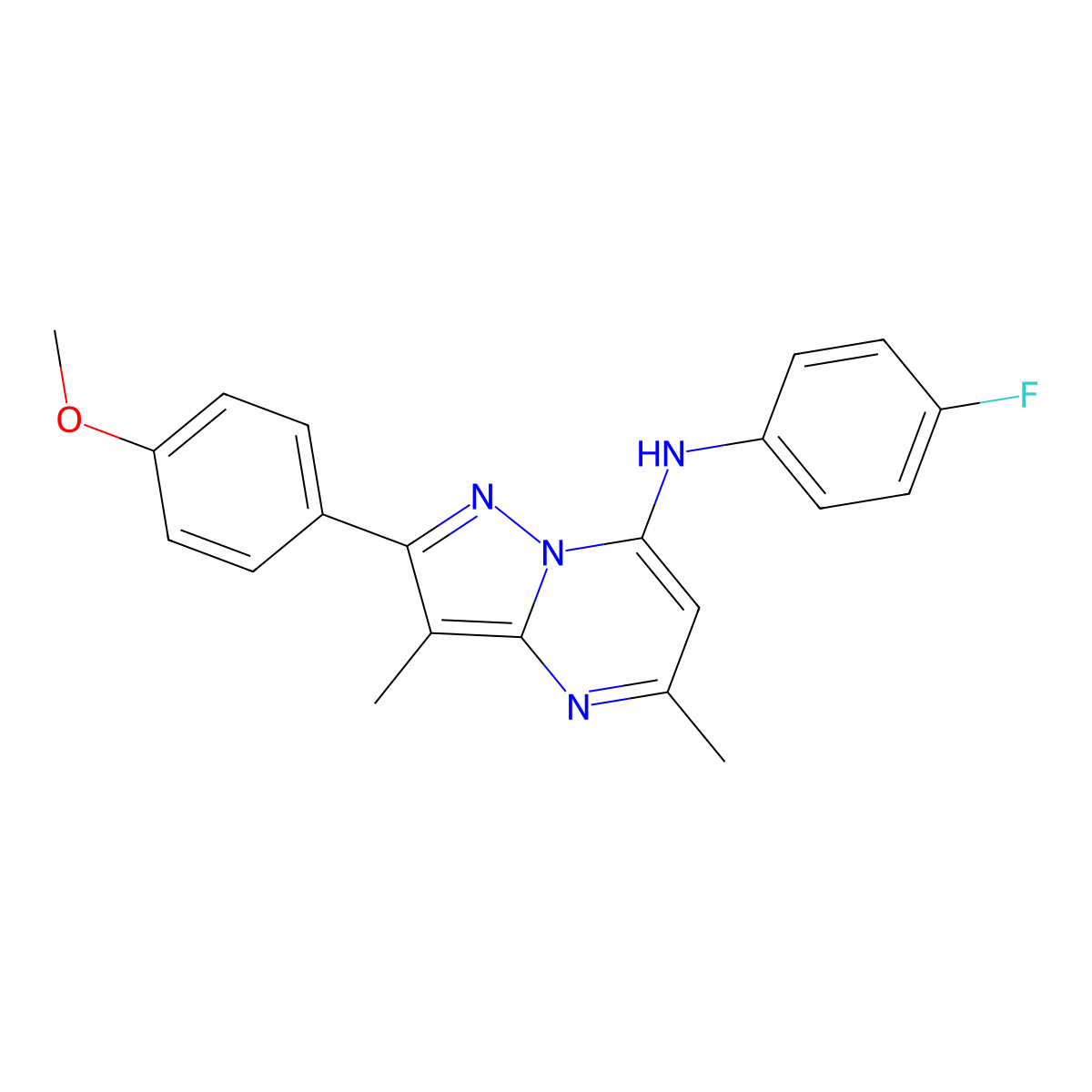 N-(4-fluorophenyl)-2-(4-methoxyphenyl)-3,5-dimethylpyrazolo[1,5-a]pyrimidin-7-amine molecular structure, CAS 1203107-42-9