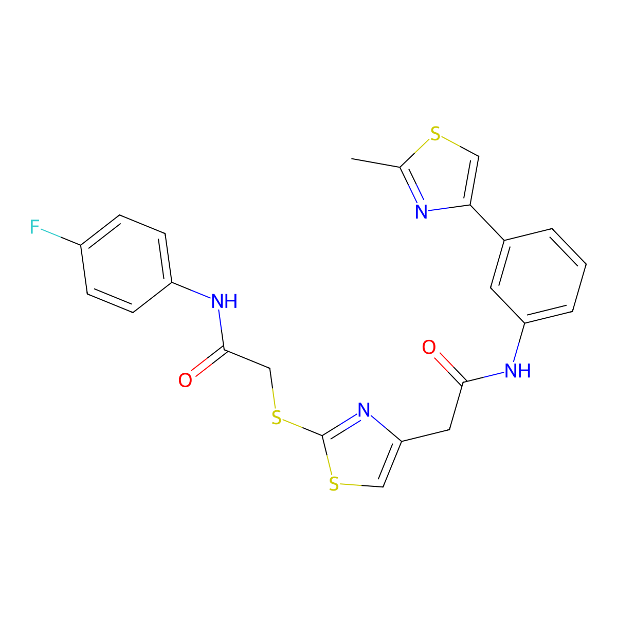 N-(4-fluorophenyl)-2-((4-(2-((3-(2-methylthiazol-4-yl)phenyl)amino)-2-oxoethyl)thiazol-2-yl)thio)acetamide molecular structure, CAS 1203108-02-4