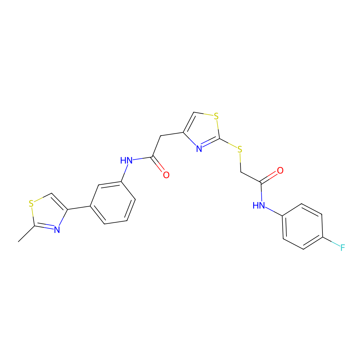 N-(4-fluorophenyl)-2-((4-(2-((3-(2-methylthiazol-4-yl)phenyl)amino)-2-oxoethyl)thiazol-2-yl)thio)acetamide molecular structure, CAS 1203108-02-4