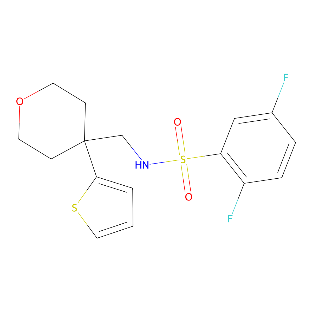 2,5-difluoro-N-((4-(thiophen-2-yl)tetrahydro-2H-pyran-4-yl)methyl)benzenesulfonamide molecular structure, CAS 1203109-49-2