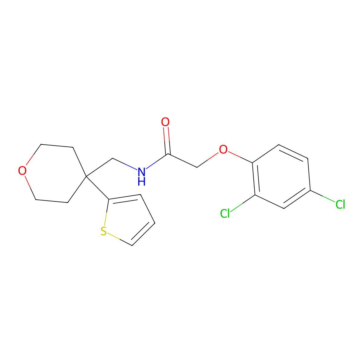 2-(2,4-dichlorophenoxy)-N-((4-(thiophen-2-yl)tetrahydro-2H-pyran-4-yl)methyl)acetamide molecular structure, CAS 1203110-03-5