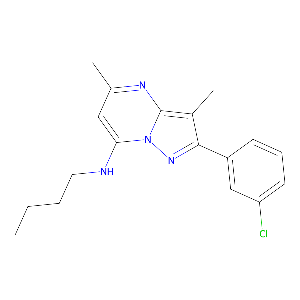 N-butyl-2-(3-chlorophenyl)-3,5-dimethylpyrazolo[1,5-a]pyrimidin-7-amine molecular structure, CAS 1203110-14-8