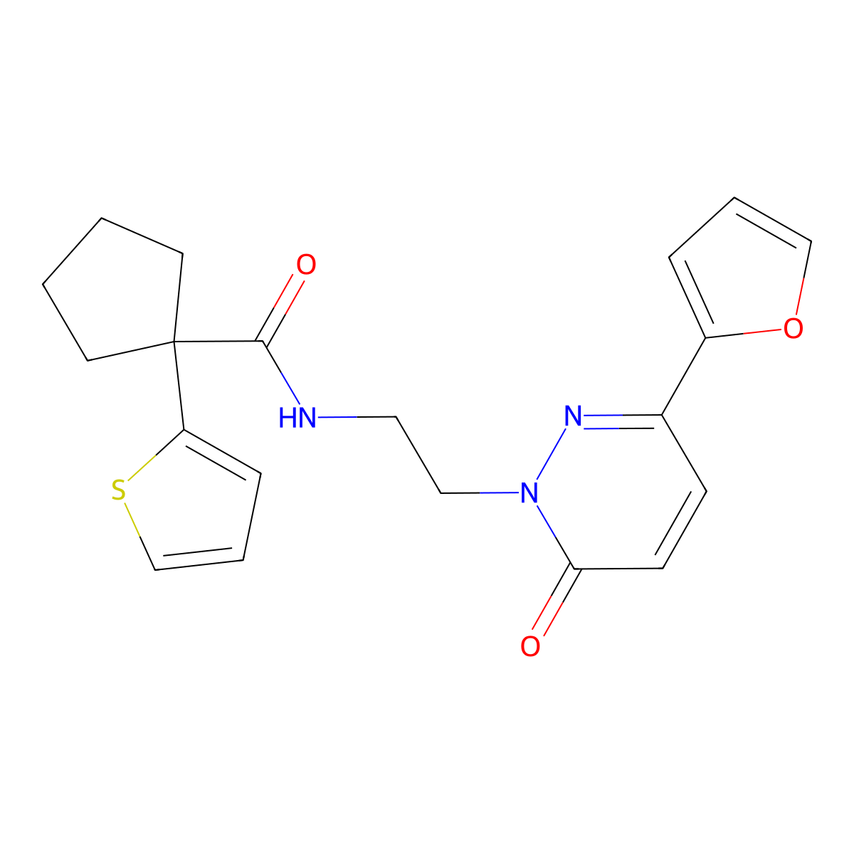 N-(2-(3-(furan-2-yl)-6-oxopyridazin-1(6H)-yl)ethyl)-1-(thiophen-2-yl)cyclopentanecarboxamide molecular structure, CAS 1203110-17-1