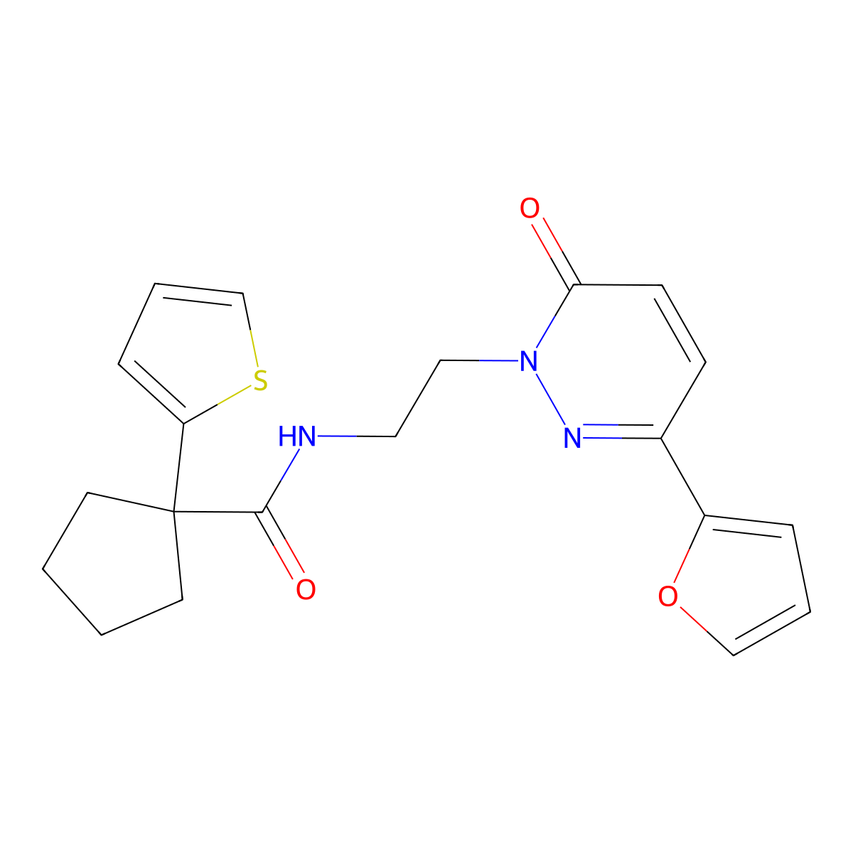 N-(2-(3-(furan-2-yl)-6-oxopyridazin-1(6H)-yl)ethyl)-1-(thiophen-2-yl)cyclopentanecarboxamide molecular structure, CAS 1203110-17-1