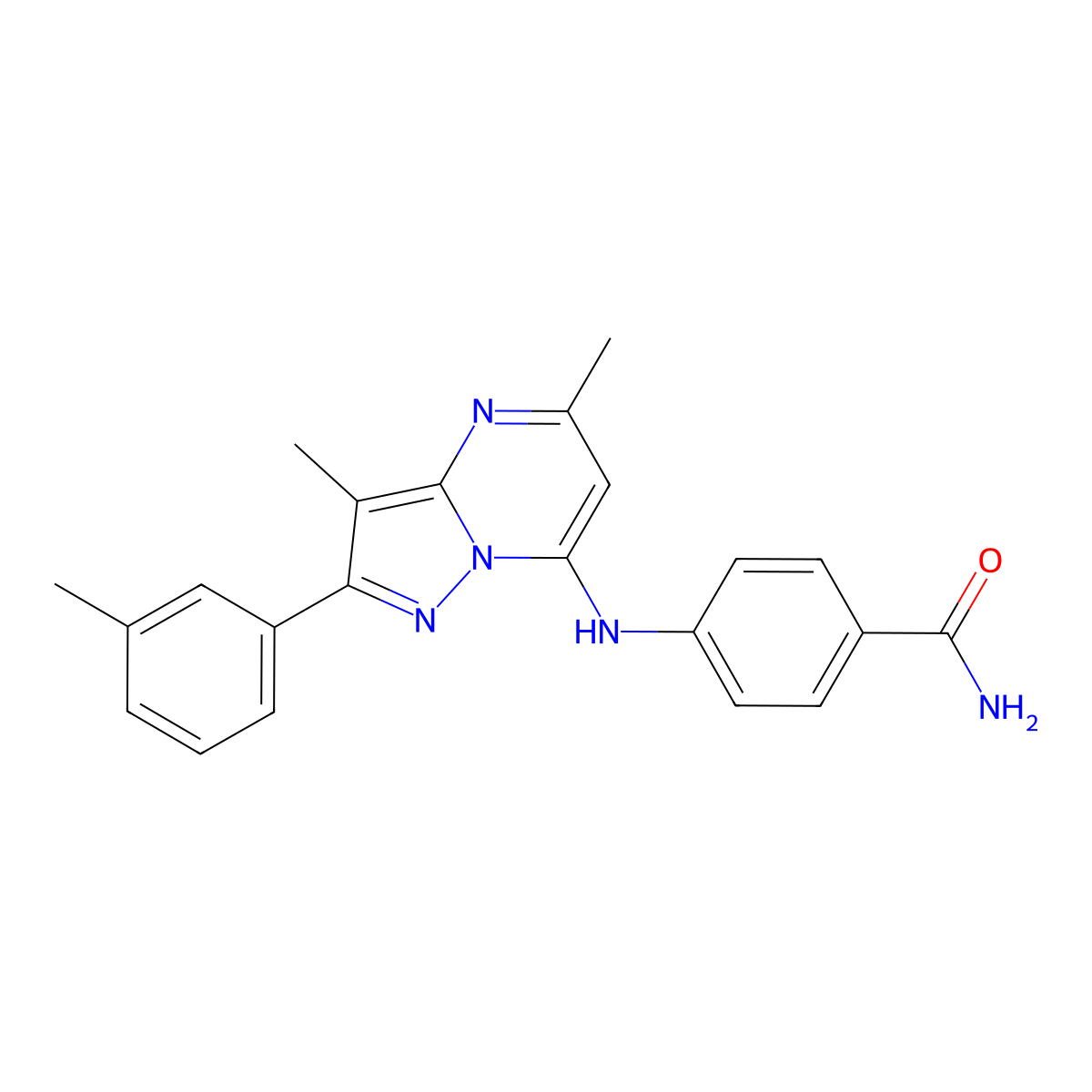 4-{[3,5-Dimethyl-2-(3-methylphenyl)pyrazolo[1,5-a]pyrimidin-7-yl]amino}benzamide molecular structure, CAS 1203111-77-6