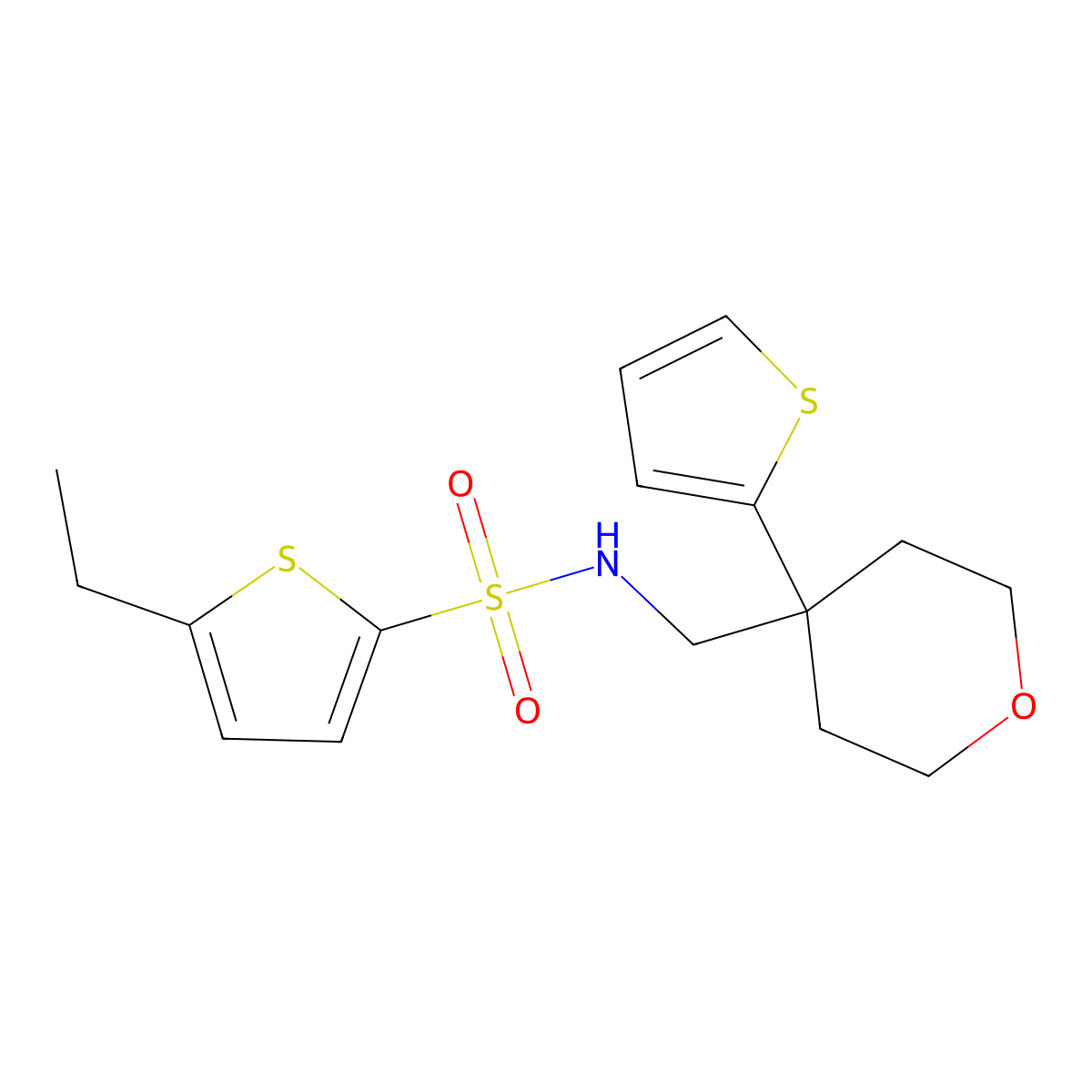 5-ethyl-N-((4-(thiophen-2-yl)tetrahydro-2H-pyran-4-yl)methyl)thiophene-2-sulfonamide molecular structure, CAS 1203111-98-1