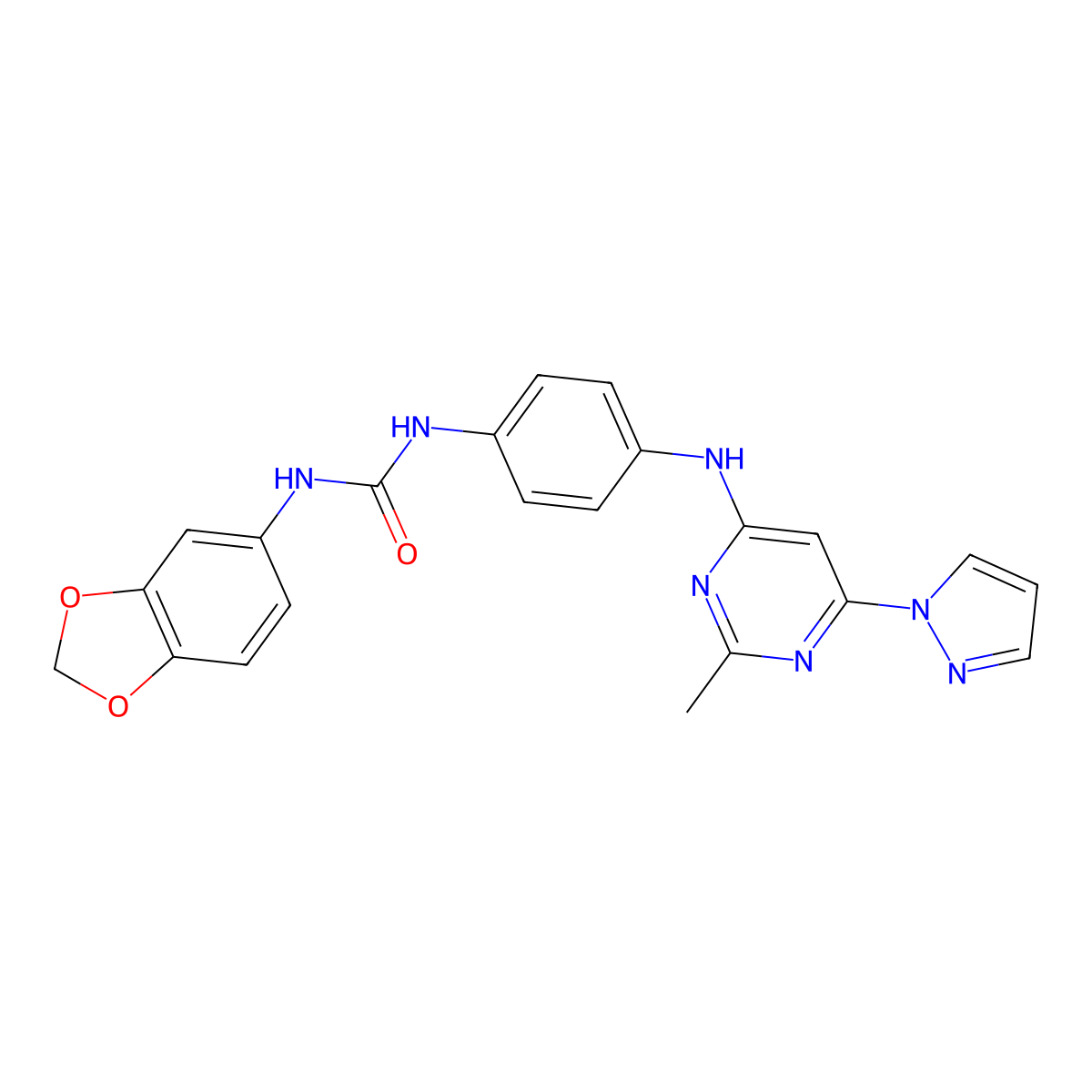 1-(benzo[d][1,3]dioxol-5-yl)-3-(4-((2-methyl-6-(1H-pyrazol-1-yl)pyrimidin-4-yl)amino)phenyl)urea molecular structure, CAS 1203112-09-7